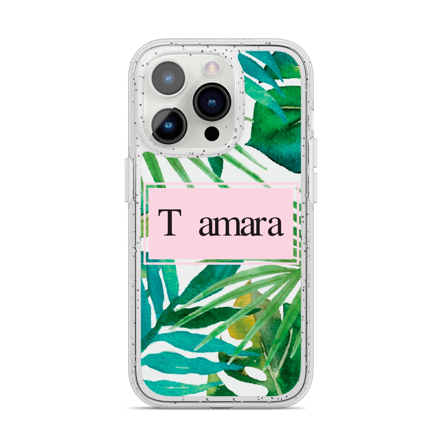 Personalised Tropical Leaf Pink Name iPhone 14 Pro Glitter Tough Case Silver