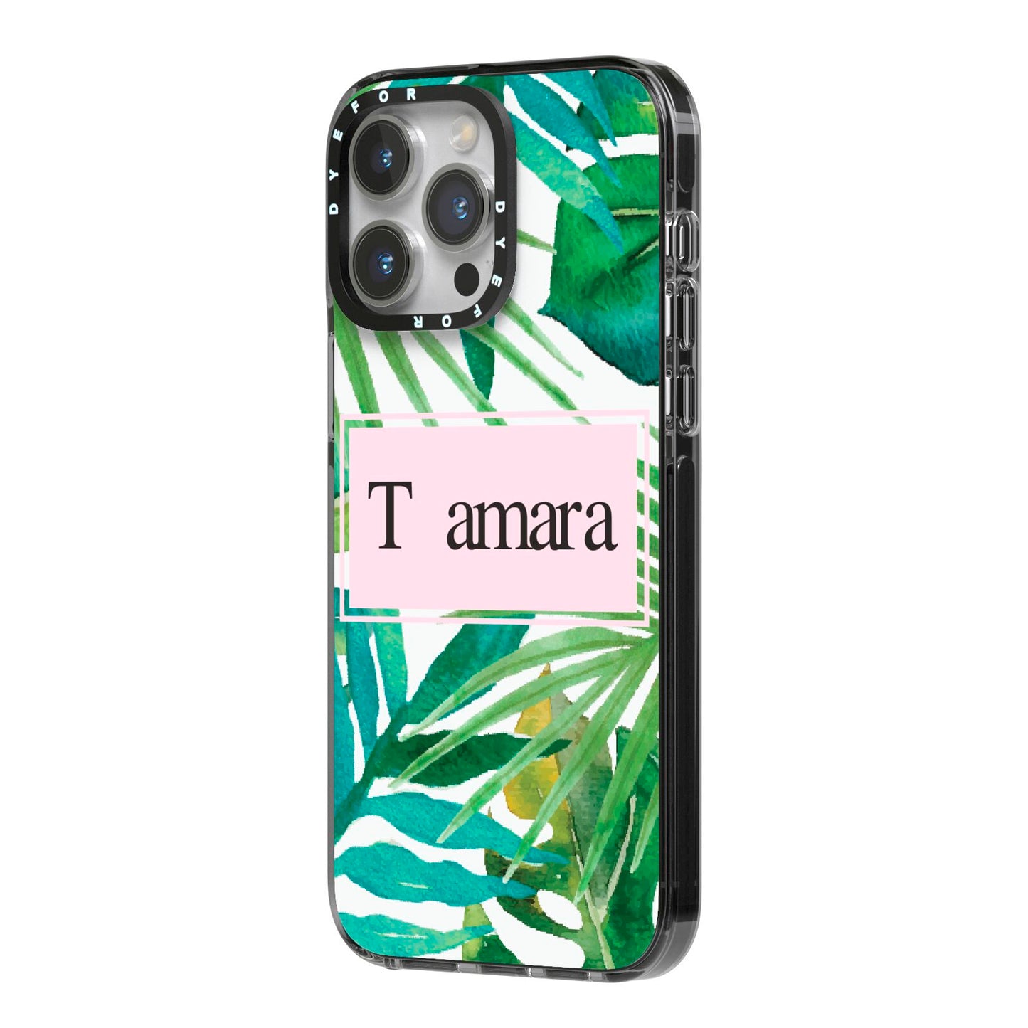 Personalised Tropical Leaf Pink Name iPhone 14 Pro Max Black Impact Case Side Angle on Silver phone
