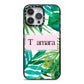 Personalised Tropical Leaf Pink Name iPhone 14 Pro Max Black Impact Case on Silver phone