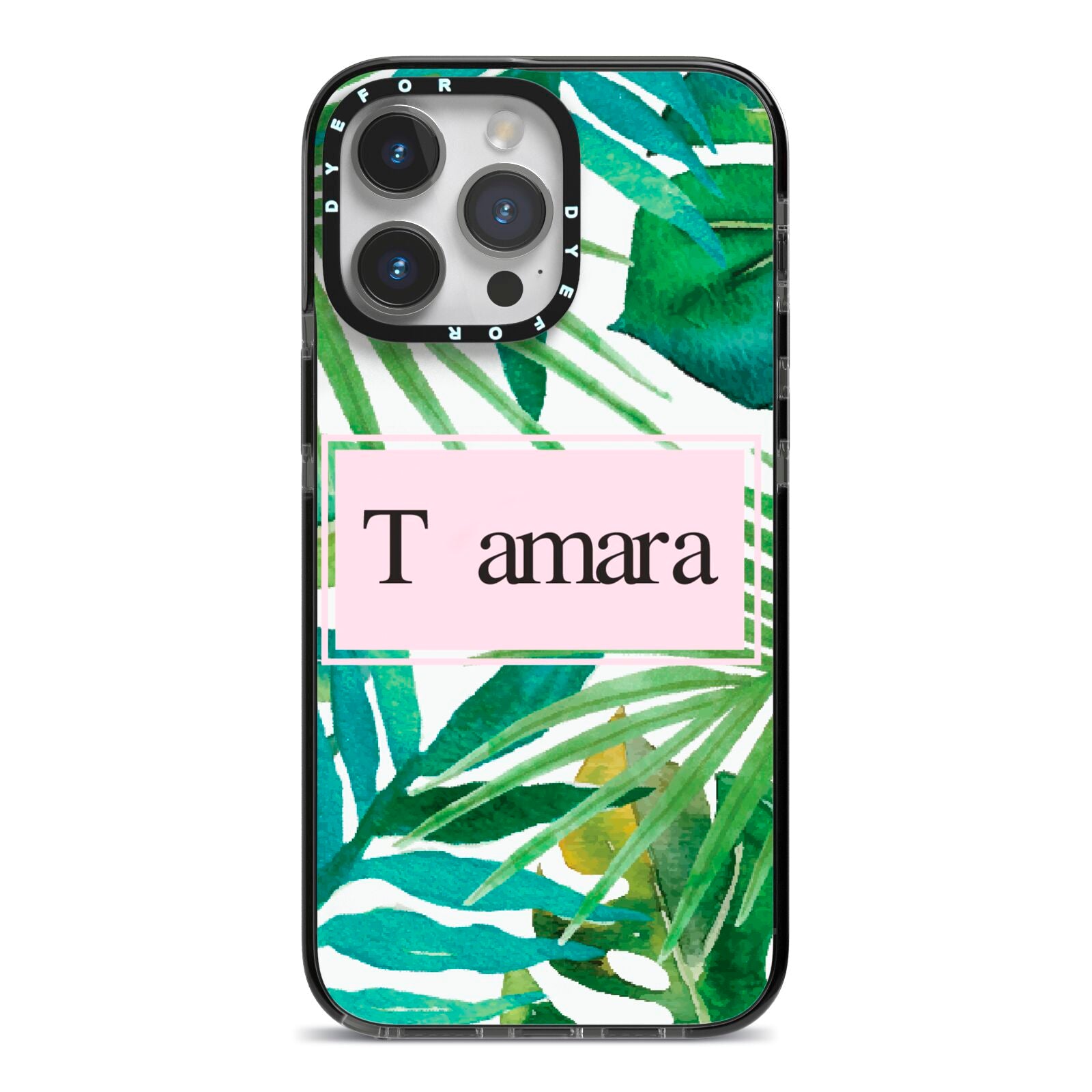 Personalised Tropical Leaf Pink Name iPhone 14 Pro Max Black Impact Case on Silver phone