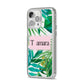 Personalised Tropical Leaf Pink Name iPhone 14 Pro Max Clear Tough Case Silver Angled Image