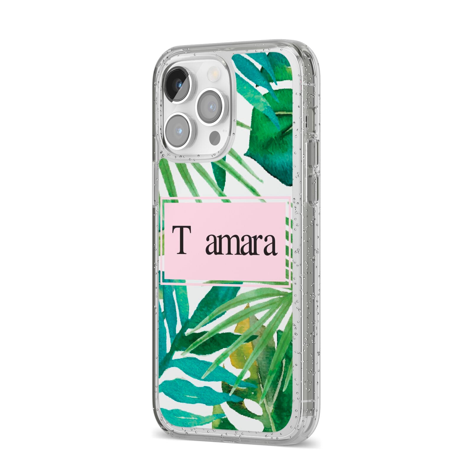 Personalised Tropical Leaf Pink Name iPhone 14 Pro Max Glitter Tough Case Silver Angled Image