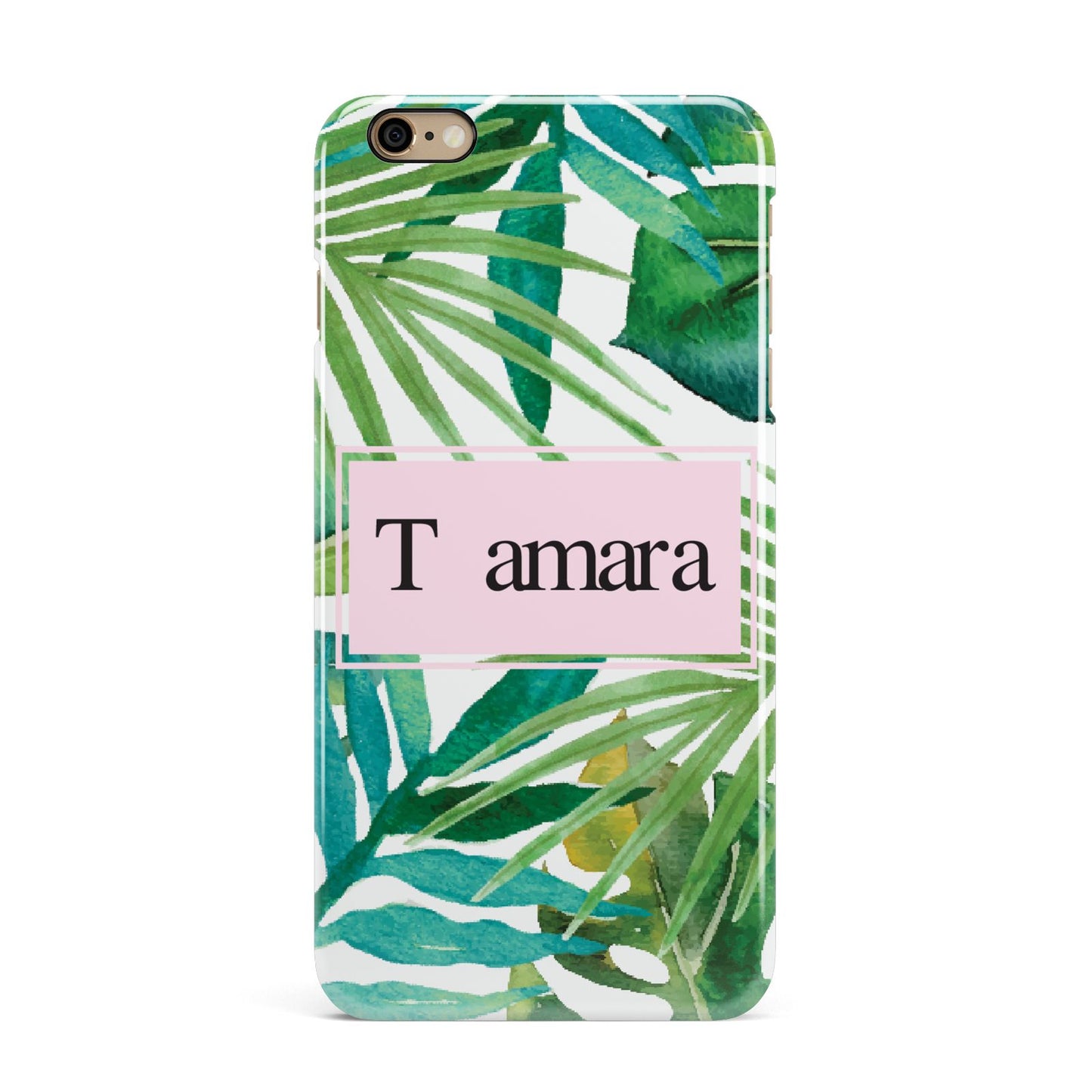 Personalised Tropical Leaf Pink Name iPhone 6 Plus 3D Snap Case on Gold Phone