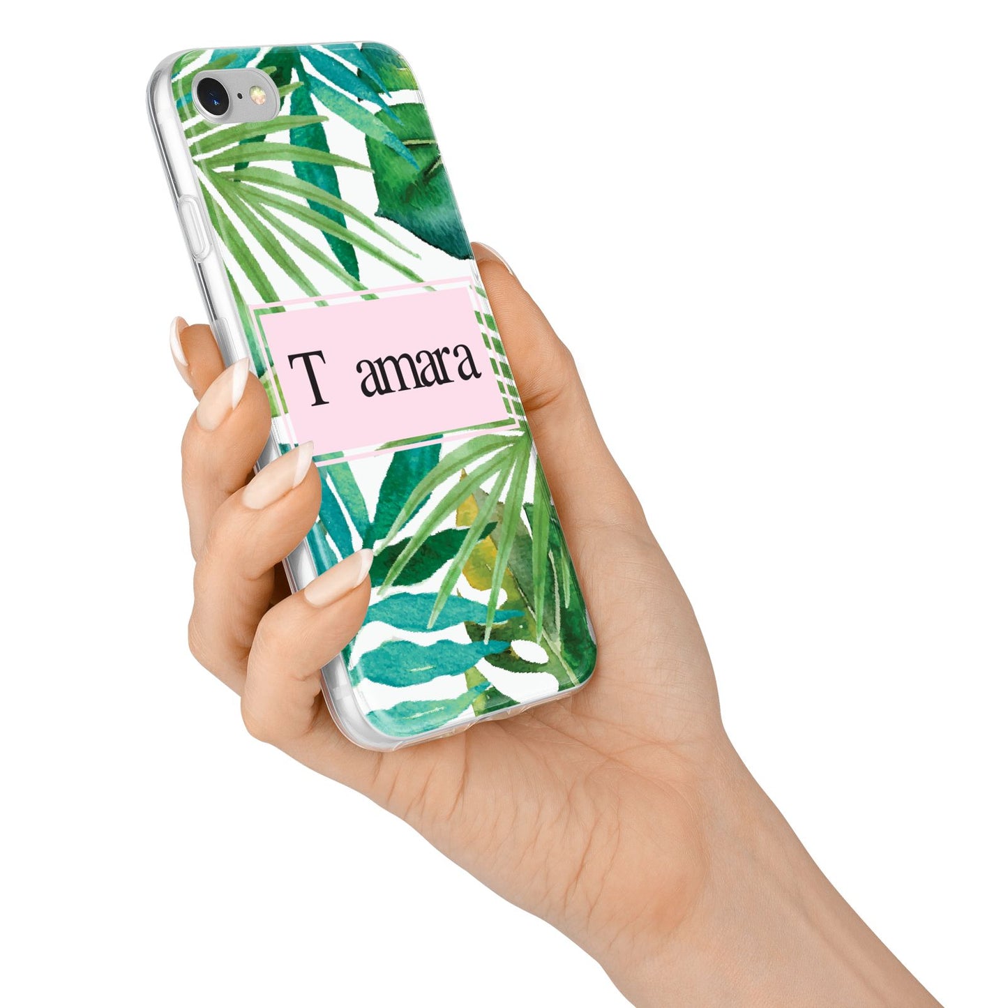 Personalised Tropical Leaf Pink Name iPhone 7 Bumper Case on Silver iPhone Alternative Image
