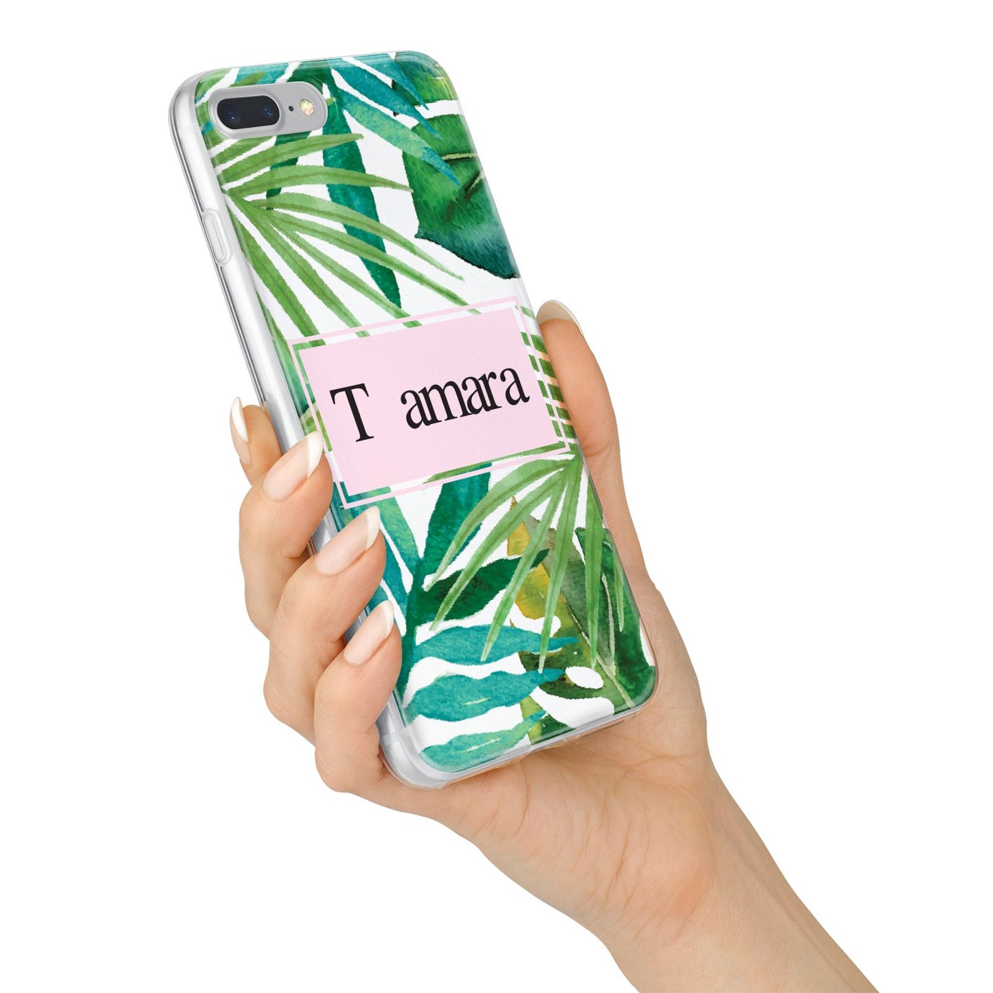 Personalised Tropical Leaf Pink Name iPhone 7 Plus Bumper Case on Silver iPhone Alternative Image