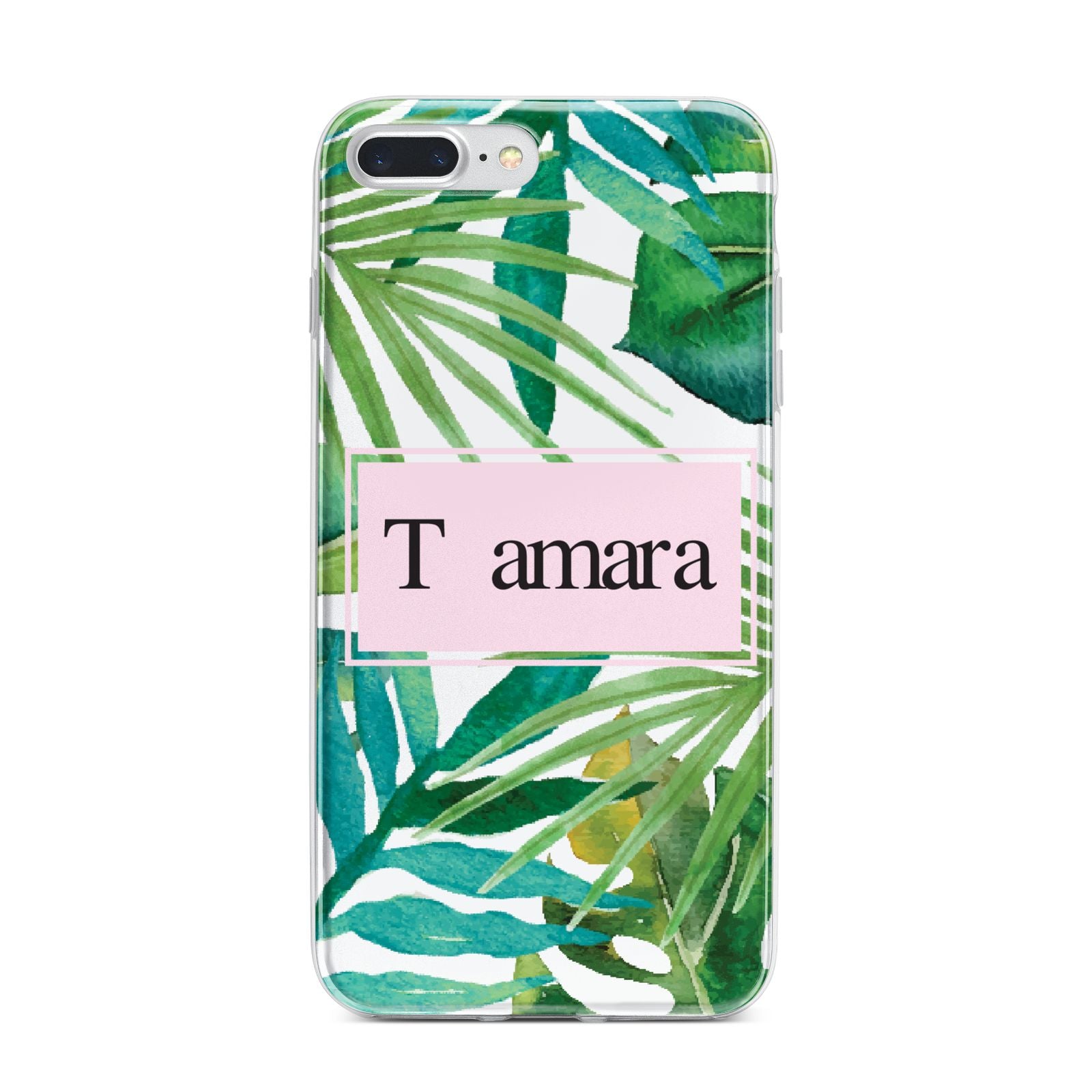 Personalised Tropical Leaf Pink Name iPhone 7 Plus Bumper Case on Silver iPhone