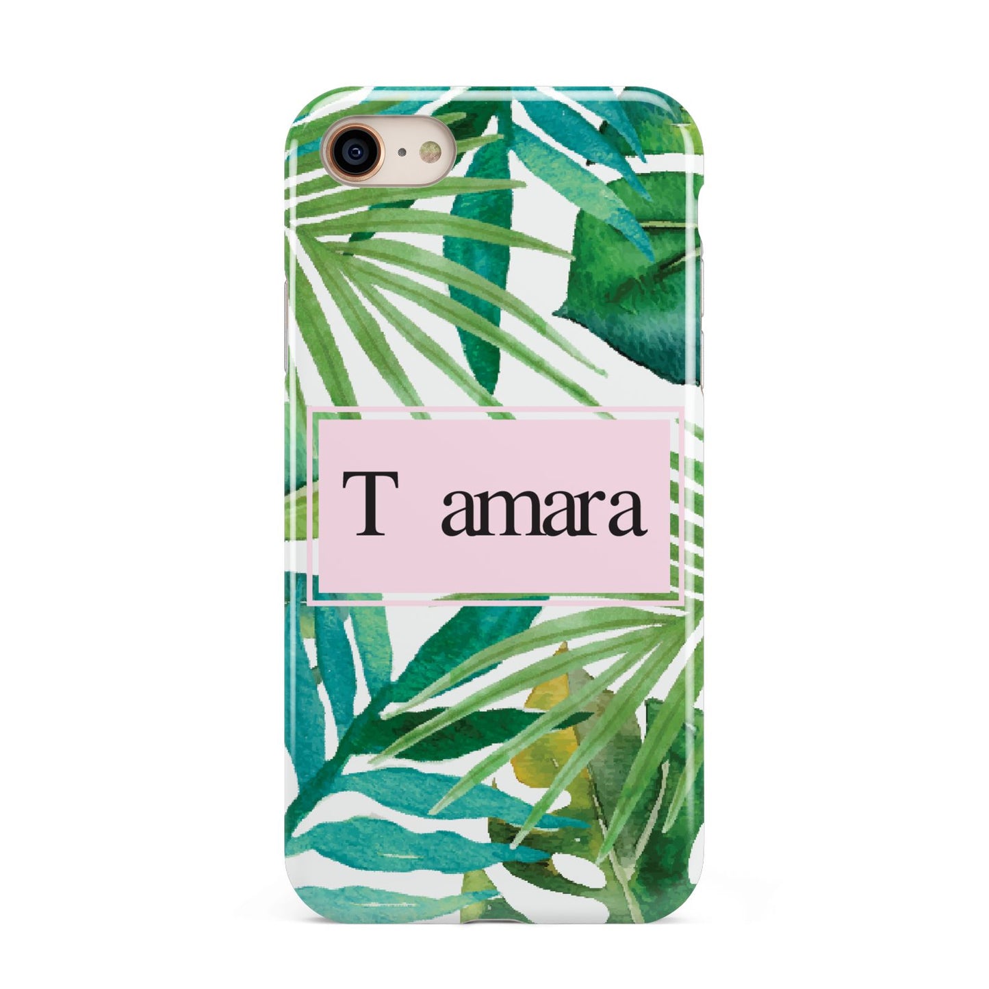 Personalised Tropical Leaf Pink Name iPhone 8 3D Tough Case on Gold Phone