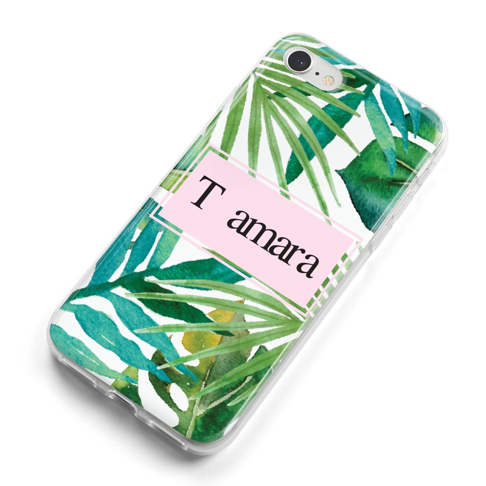Personalised Tropical Leaf Pink Name iPhone 8 Bumper Case on Silver iPhone Alternative Image