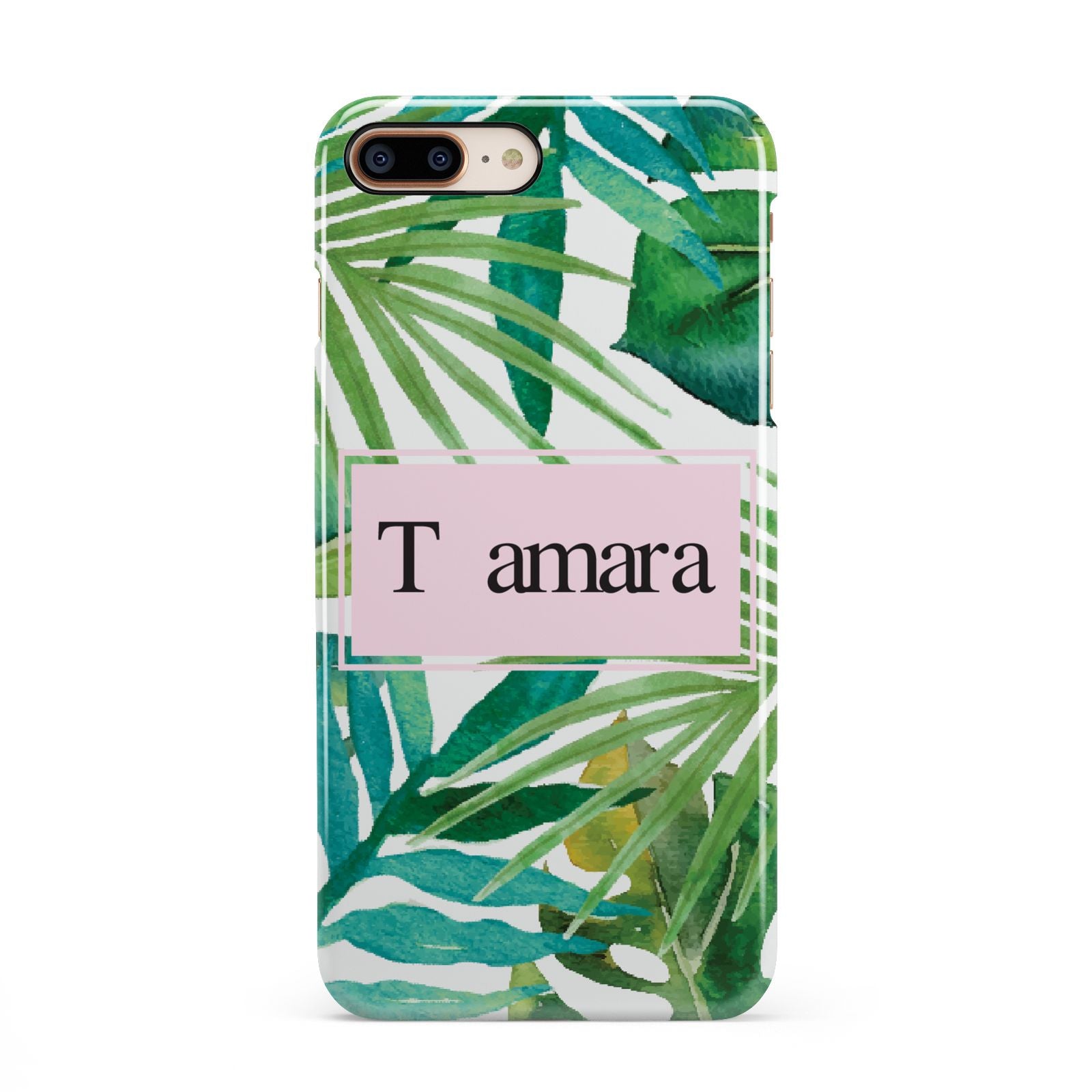 Personalised Tropical Leaf Pink Name iPhone 8 Plus 3D Snap Case on Gold Phone