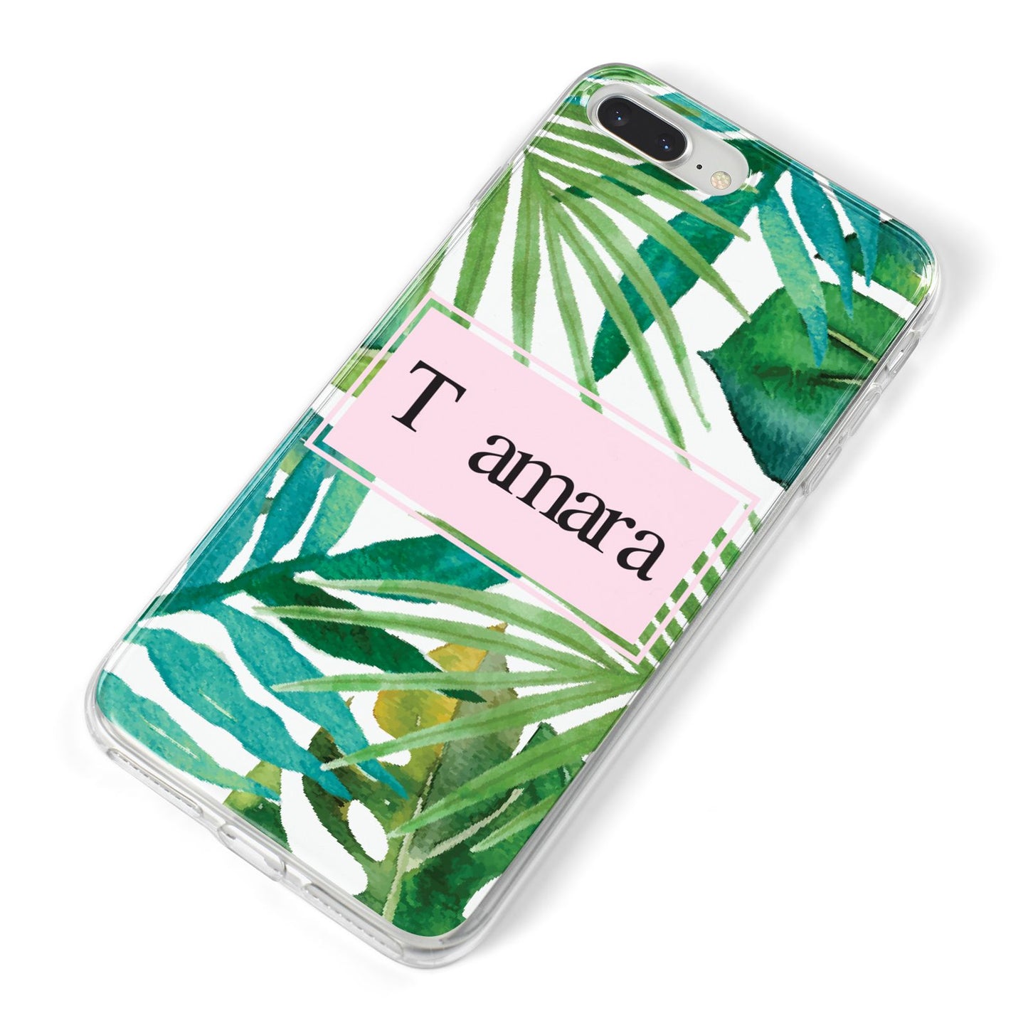 Personalised Tropical Leaf Pink Name iPhone 8 Plus Bumper Case on Silver iPhone Alternative Image