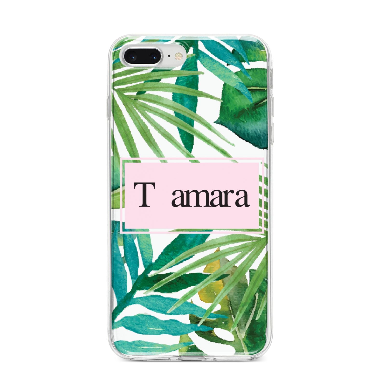 Personalised Tropical Leaf Pink Name iPhone 8 Plus Bumper Case on Silver iPhone