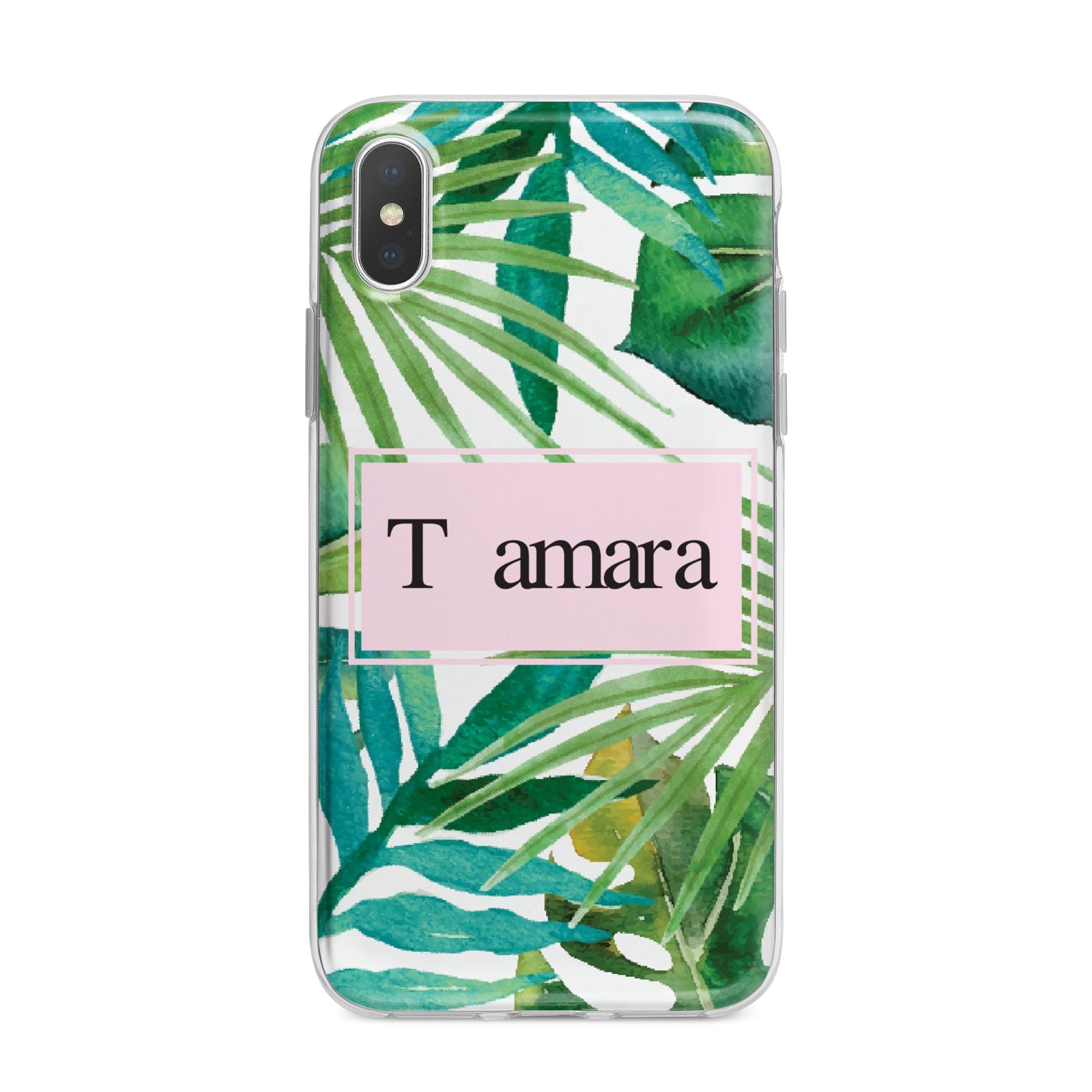 Personalised Tropical Leaf Pink Name iPhone X Bumper Case on Silver iPhone Alternative Image 1