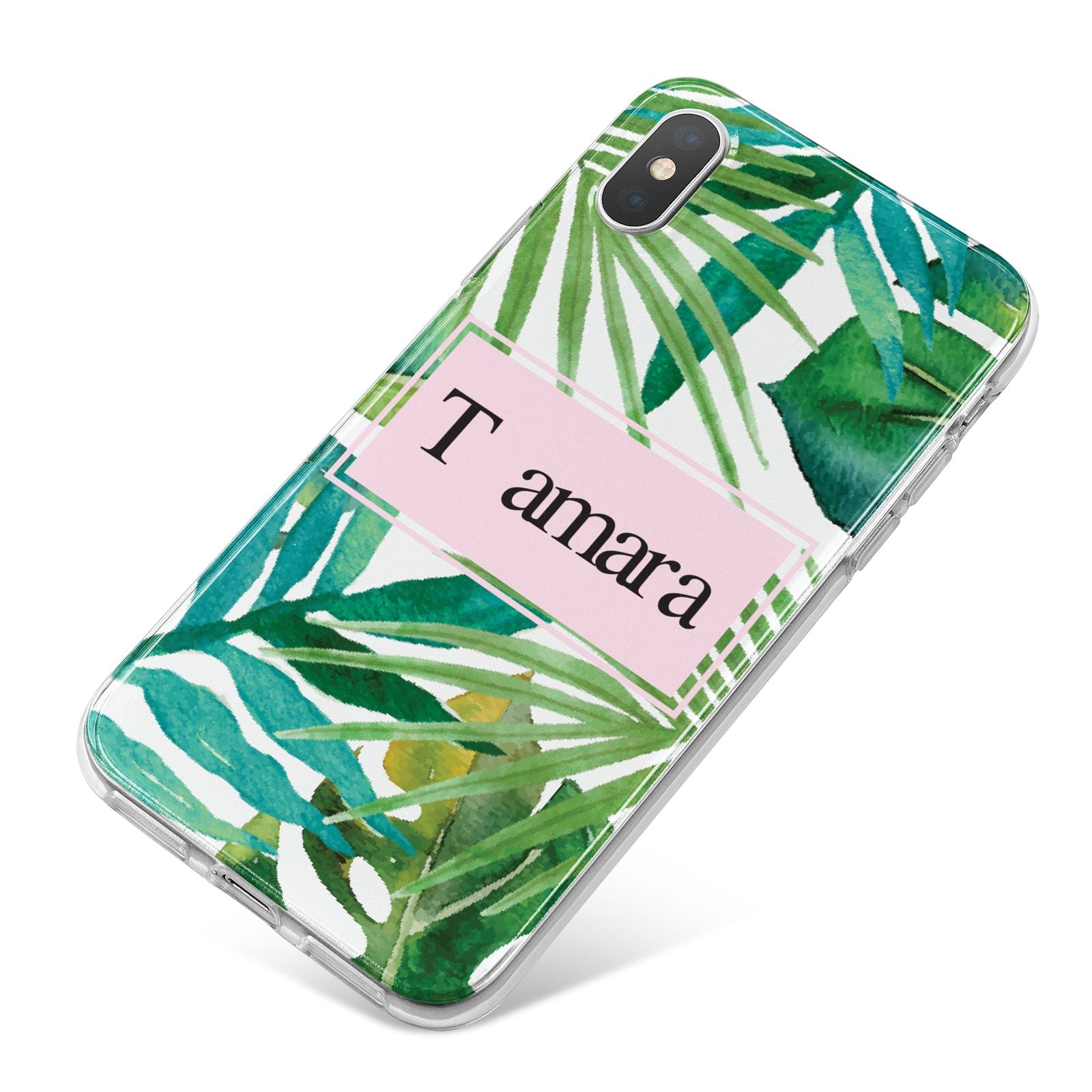 Personalised Tropical Leaf Pink Name iPhone X Bumper Case on Silver iPhone