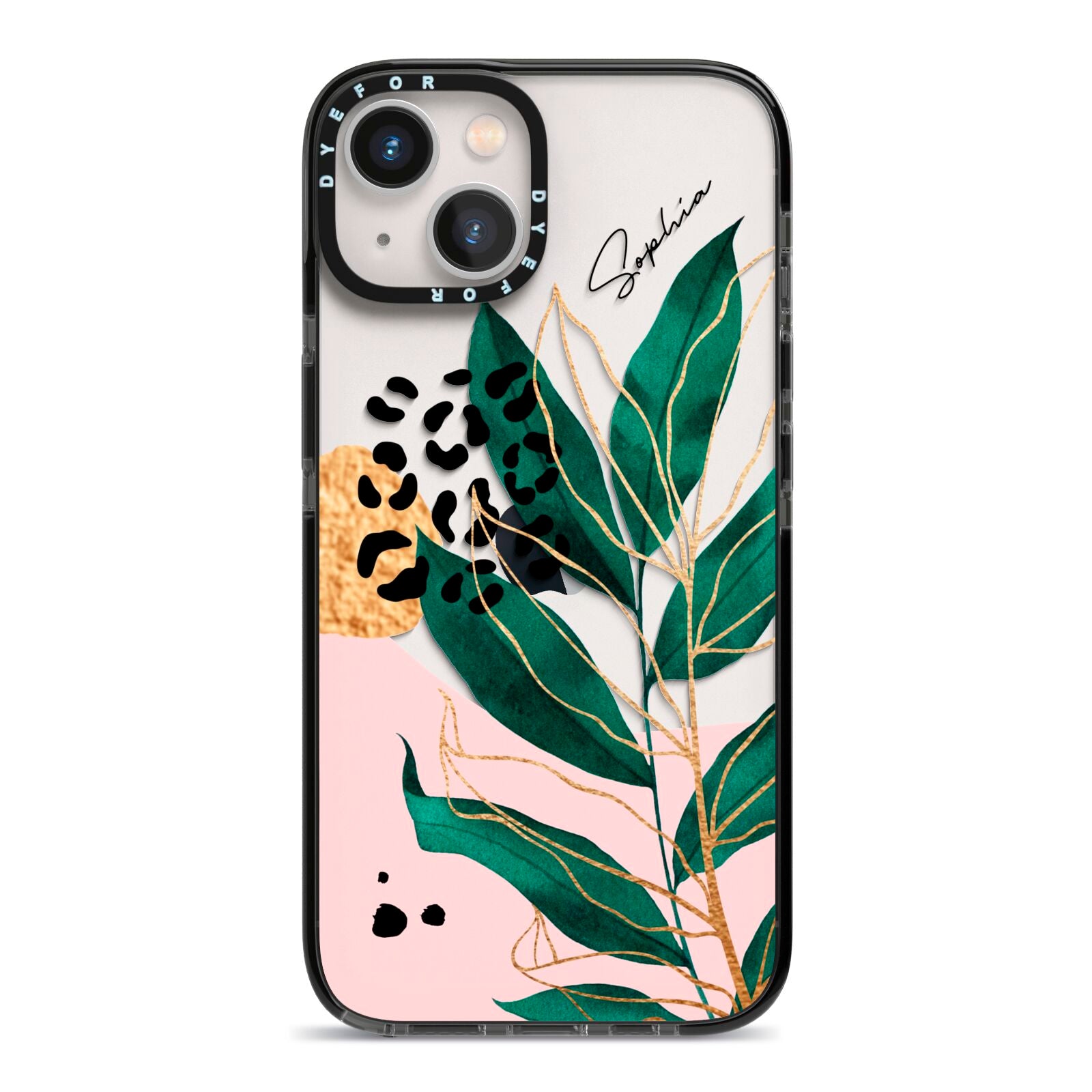 Personalised Tropical Leaf iPhone 13 Black Impact Case on Silver phone