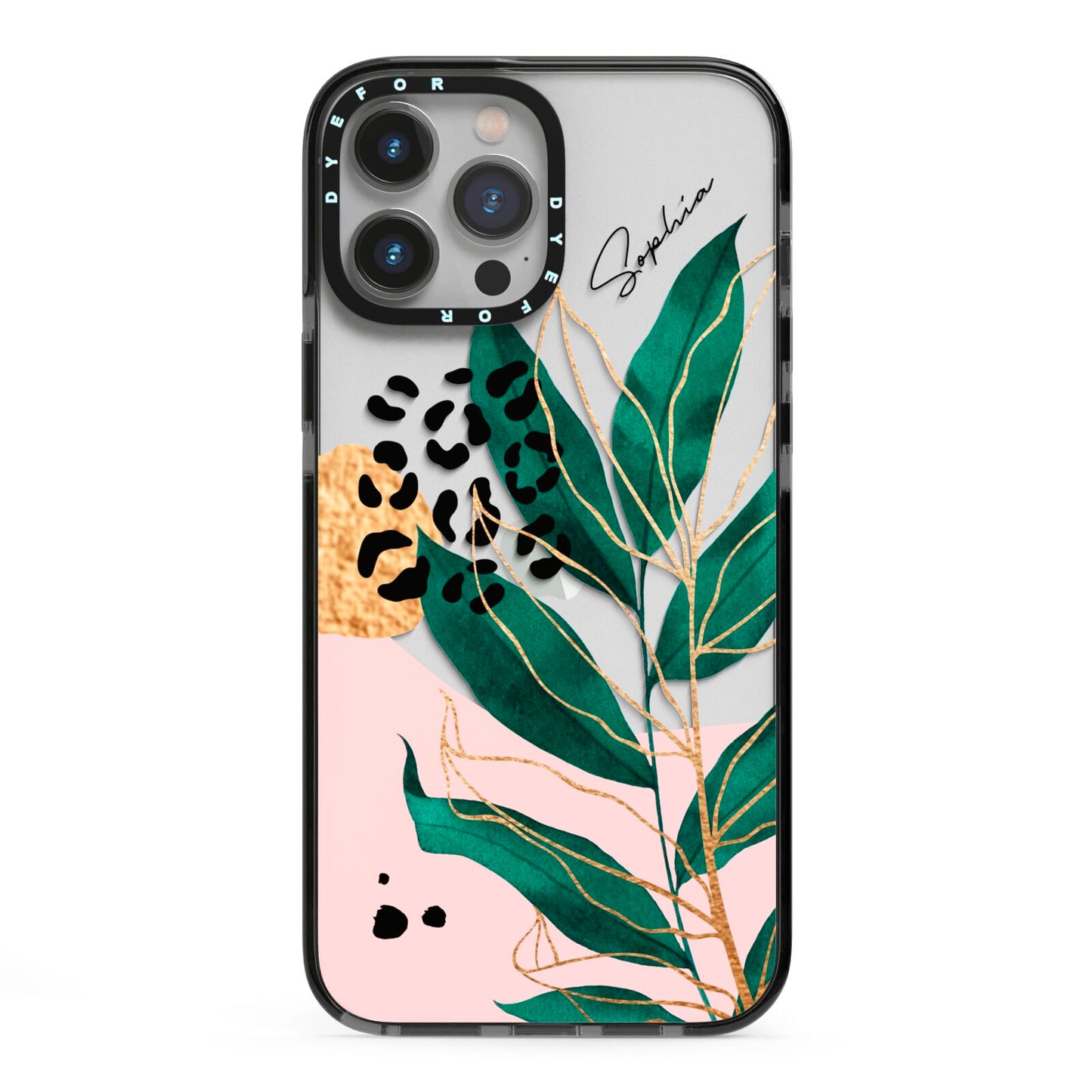 Personalised Tropical Leaf iPhone 13 Pro Max Black Impact Case on Silver phone