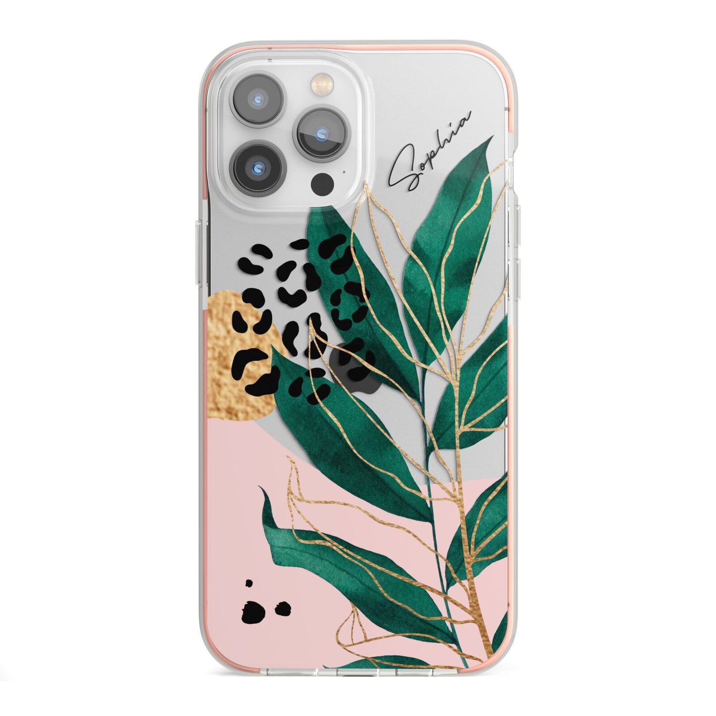 Personalised Tropical Leaf iPhone 13 Pro Max TPU Impact Case with Pink Edges