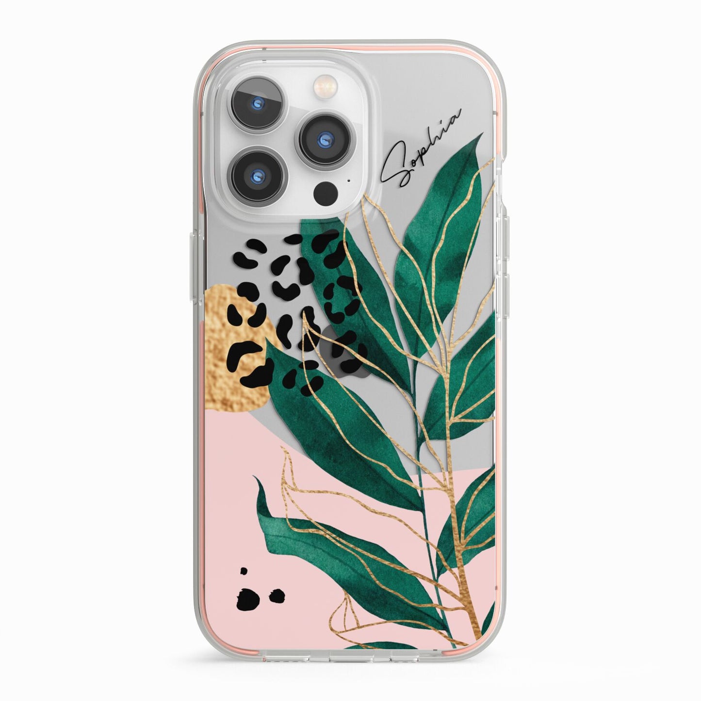 Personalised Tropical Leaf iPhone 13 Pro TPU Impact Case with Pink Edges