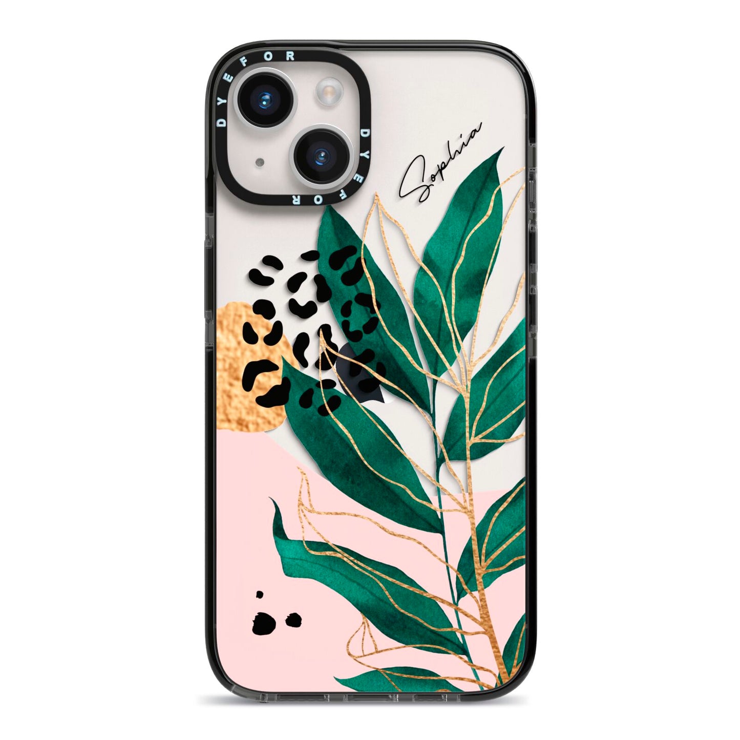 Personalised Tropical Leaf iPhone 14 Black Impact Case on Silver phone