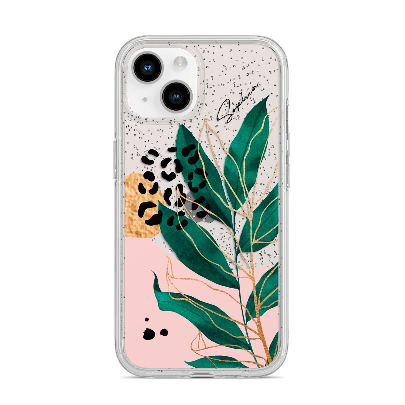 Personalised Tropical Leaf iPhone 14 Glitter Tough Case Starlight
