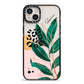 Personalised Tropical Leaf iPhone 14 Plus Black Impact Case on Silver phone