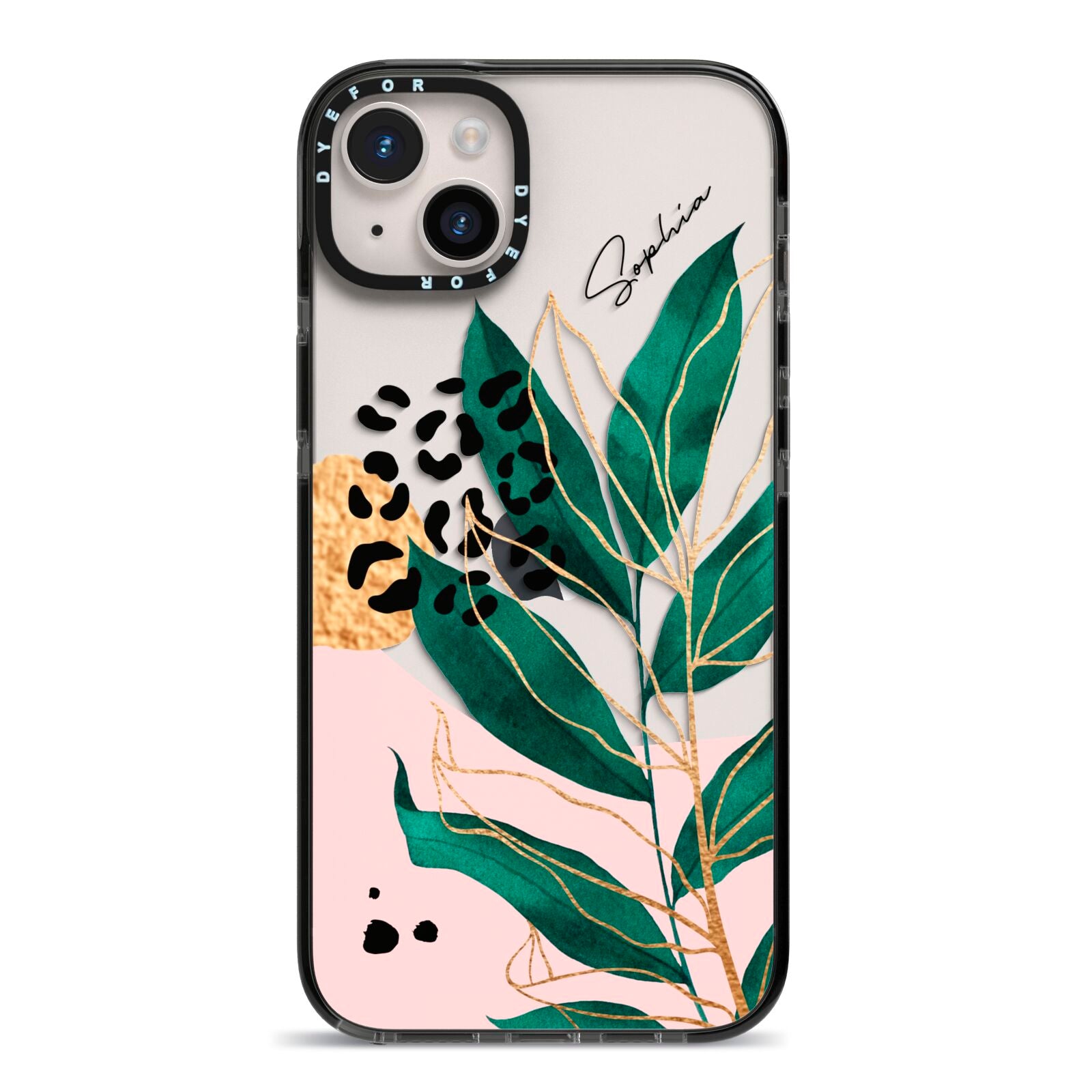 Personalised Tropical Leaf iPhone 14 Plus Black Impact Case on Silver phone