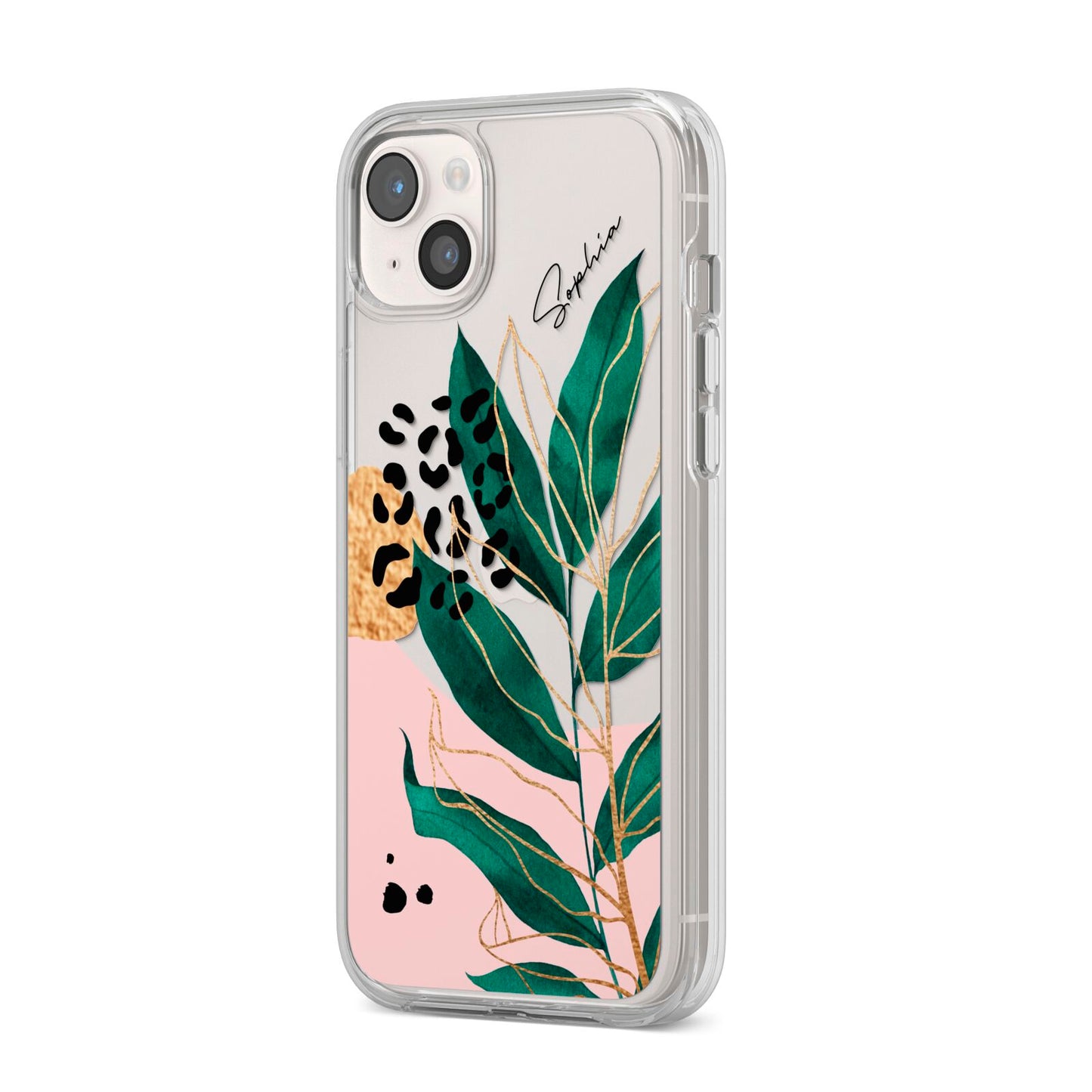 Personalised Tropical Leaf iPhone 14 Plus Clear Tough Case Starlight Angled Image
