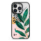 Personalised Tropical Leaf iPhone 14 Pro Black Impact Case on Silver phone