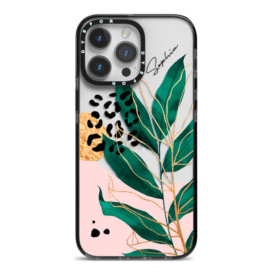 Personalised Tropical Leaf iPhone 14 Pro Max Black Impact Case on Silver phone