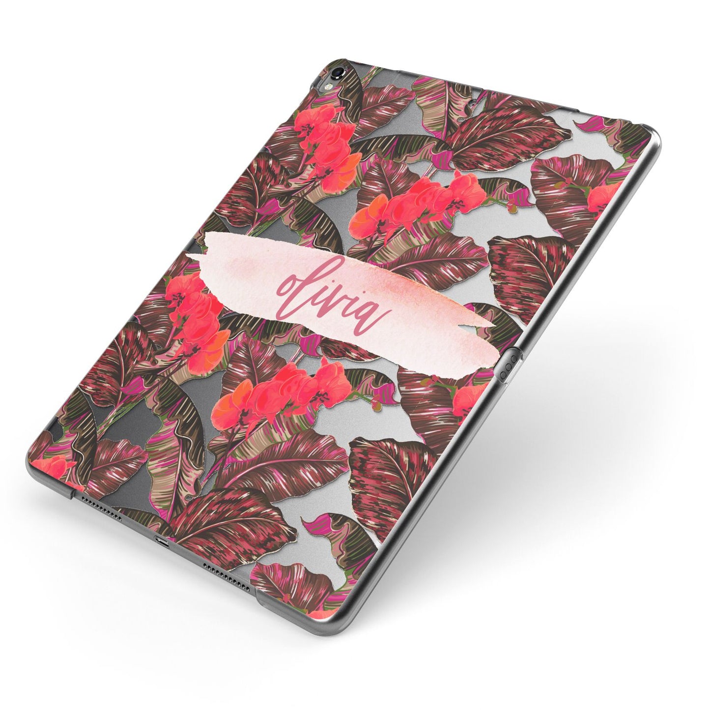 Personalised Tropical Orchid Floral Apple iPad Case on Grey iPad Side View