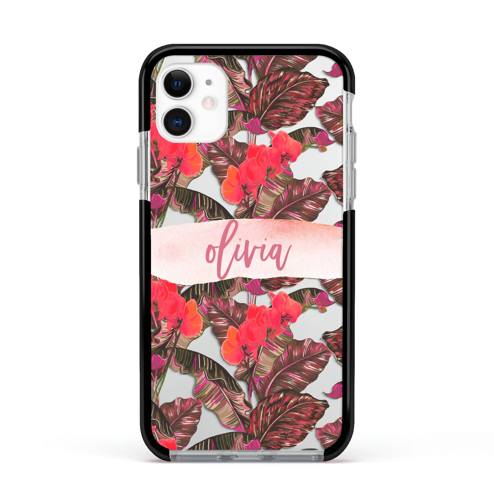 Personalised Tropical Orchid Floral Apple iPhone 11 in White with Black Impact Case