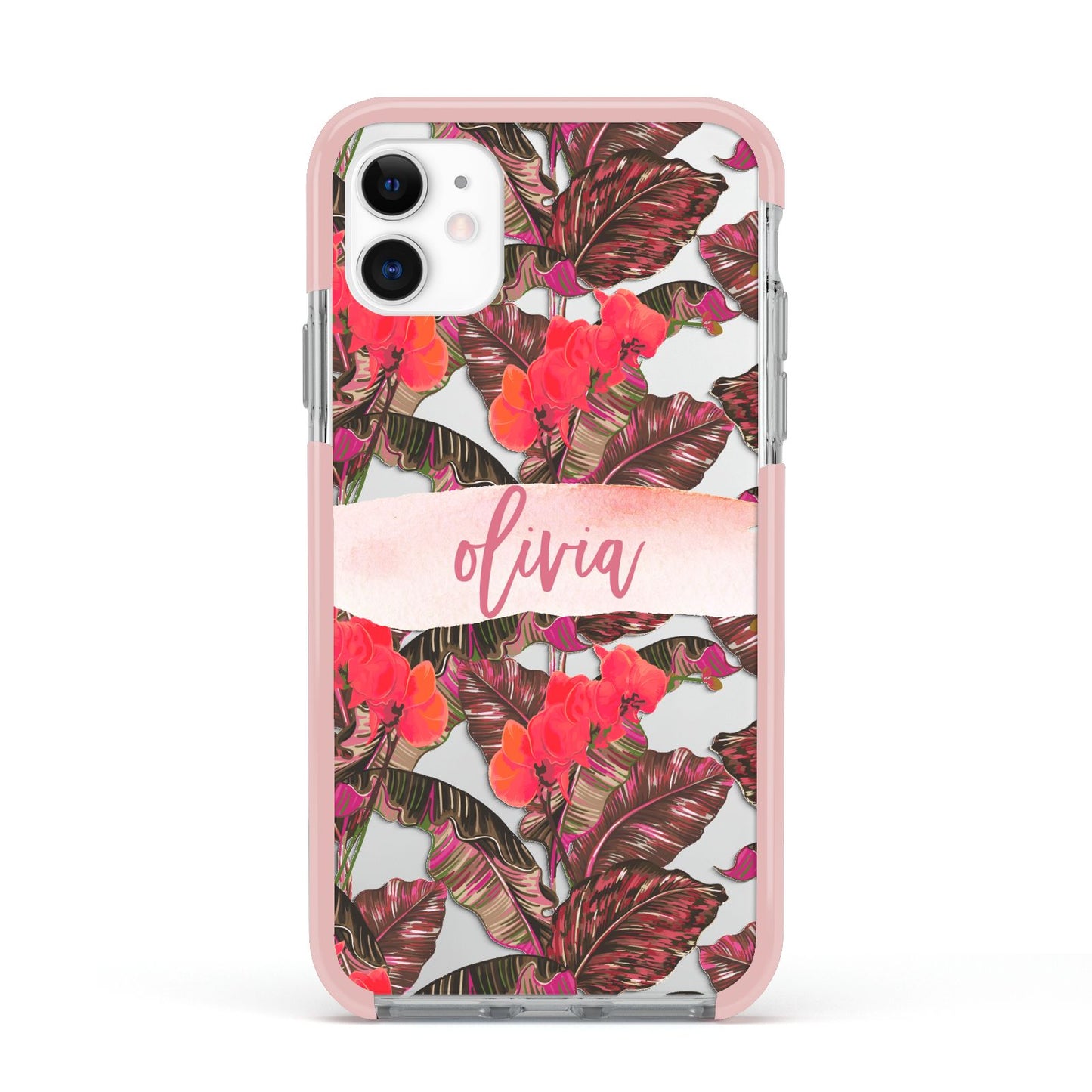 Personalised Tropical Orchid Floral Apple iPhone 11 in White with Pink Impact Case