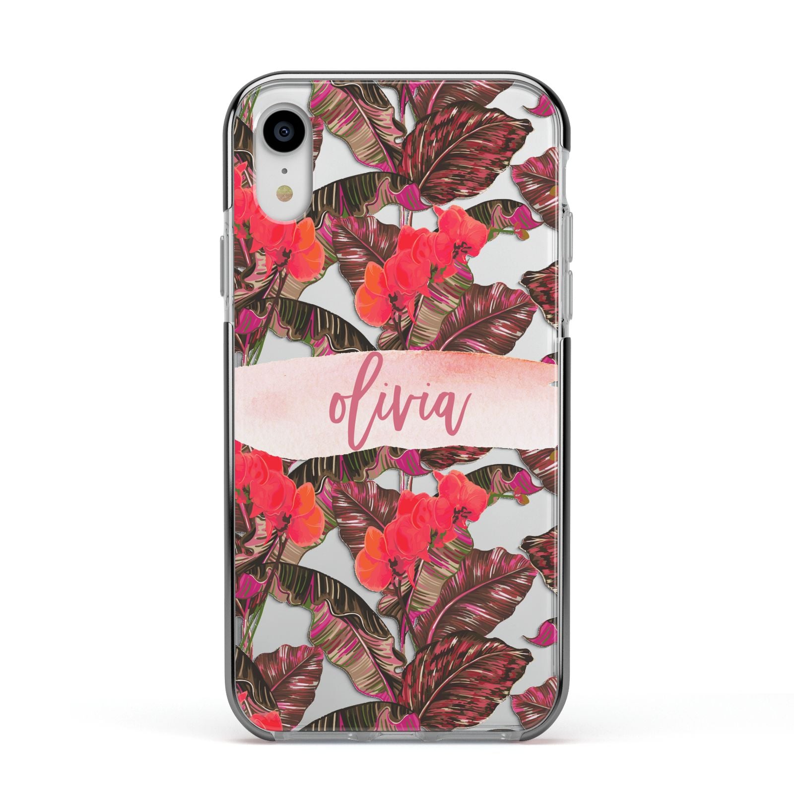Personalised Tropical Orchid Floral Apple iPhone XR Impact Case Black Edge on Silver Phone