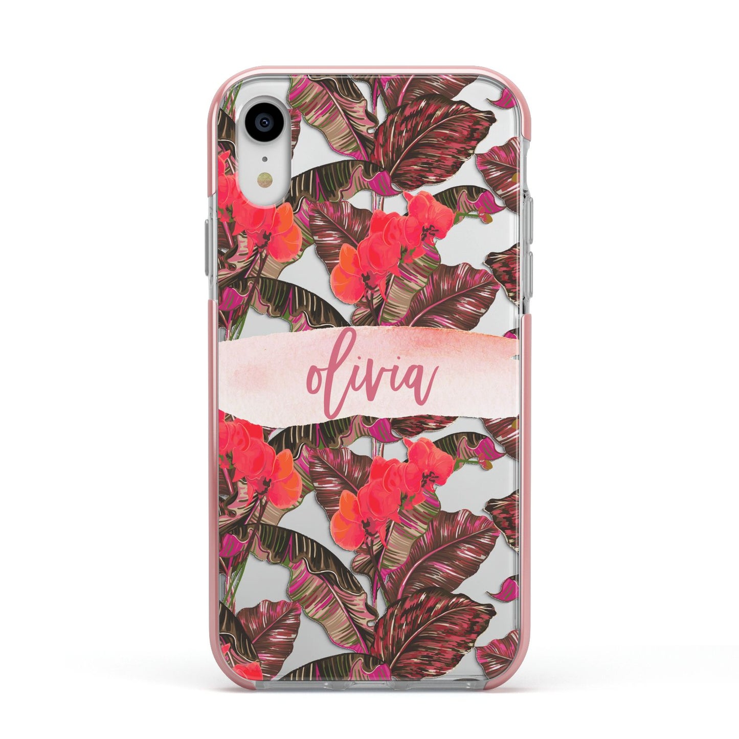 Personalised Tropical Orchid Floral Apple iPhone XR Impact Case Pink Edge on Silver Phone