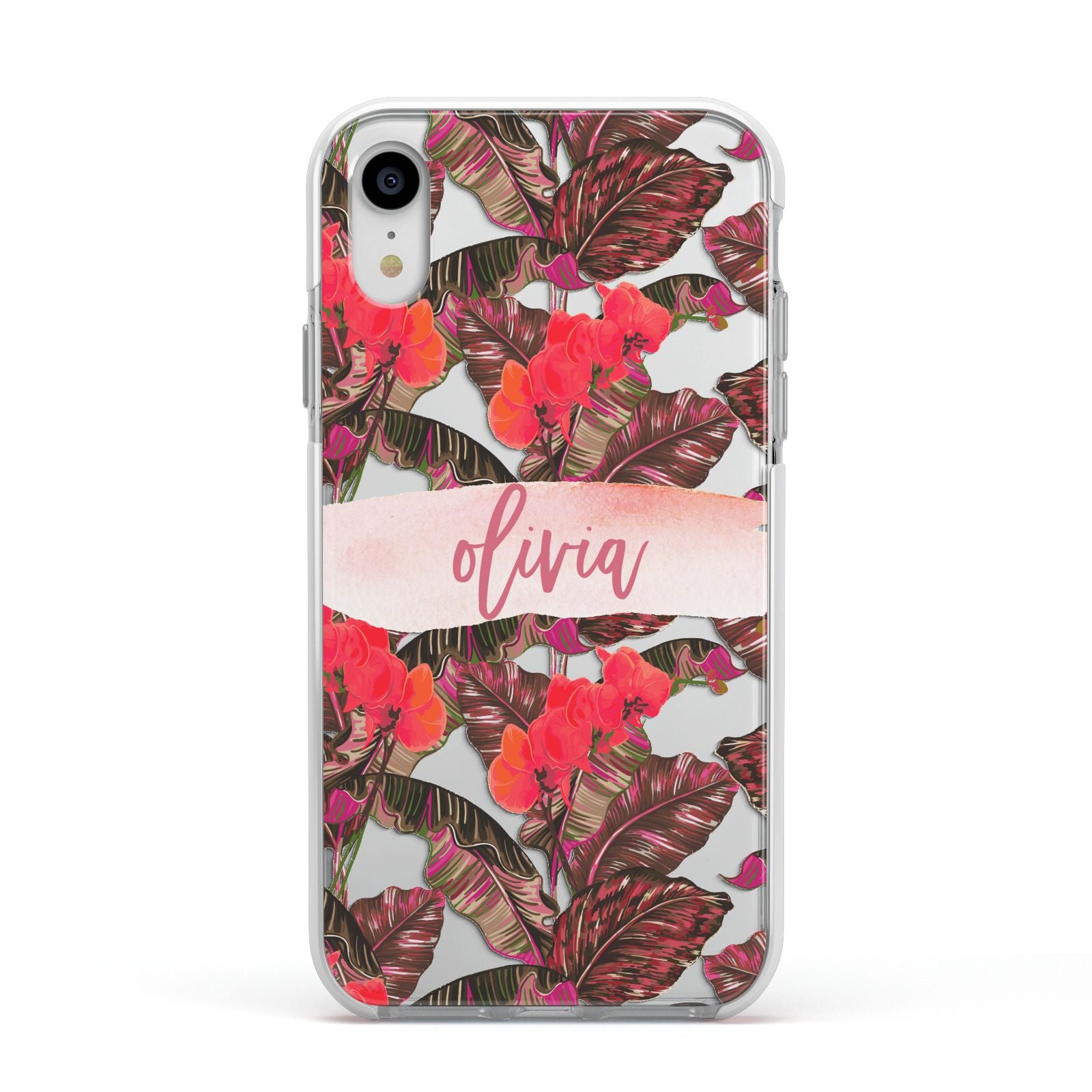 Personalised Tropical Orchid Floral Apple iPhone XR Impact Case White Edge on Silver Phone