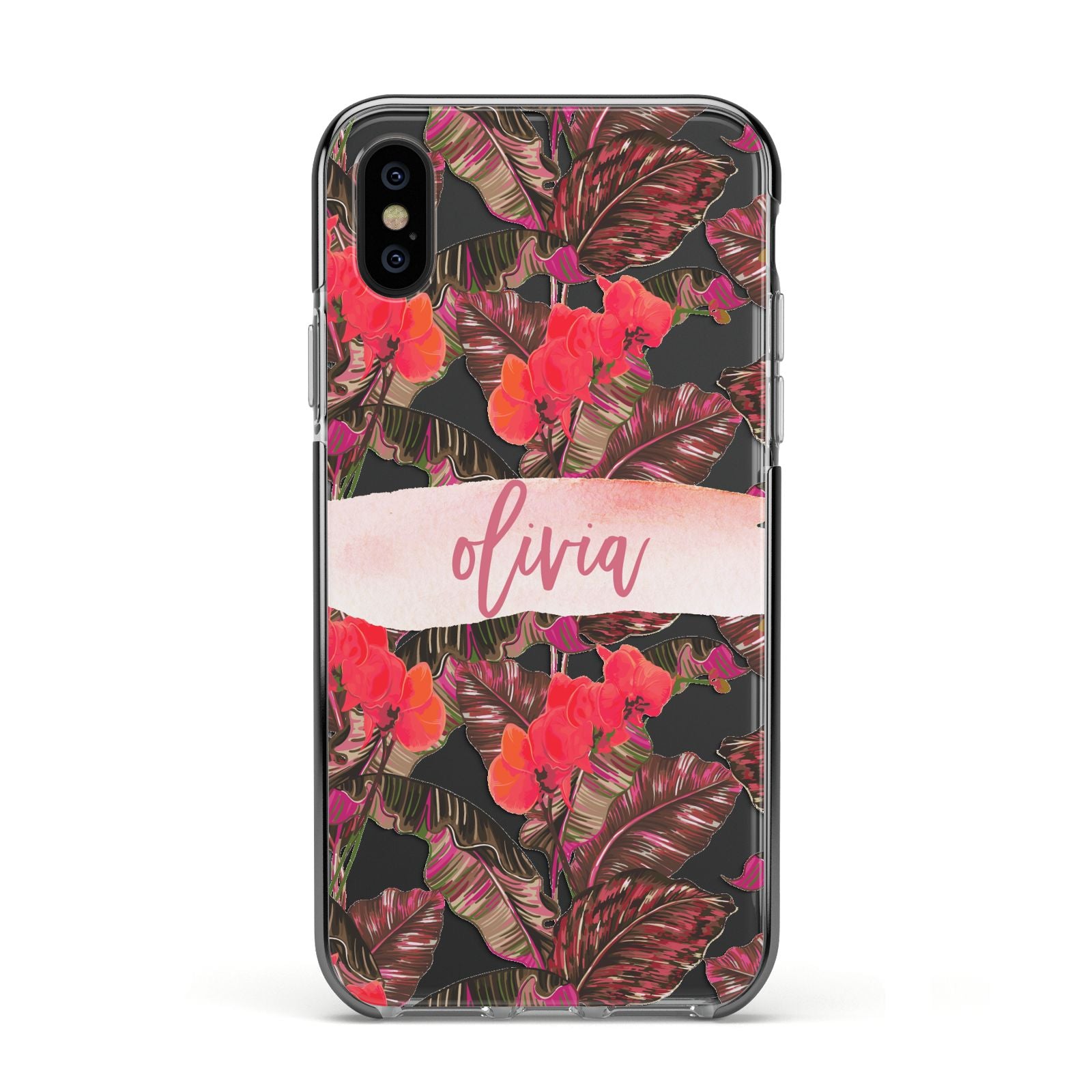 Personalised Tropical Orchid Floral Apple iPhone Xs Impact Case Black Edge on Black Phone