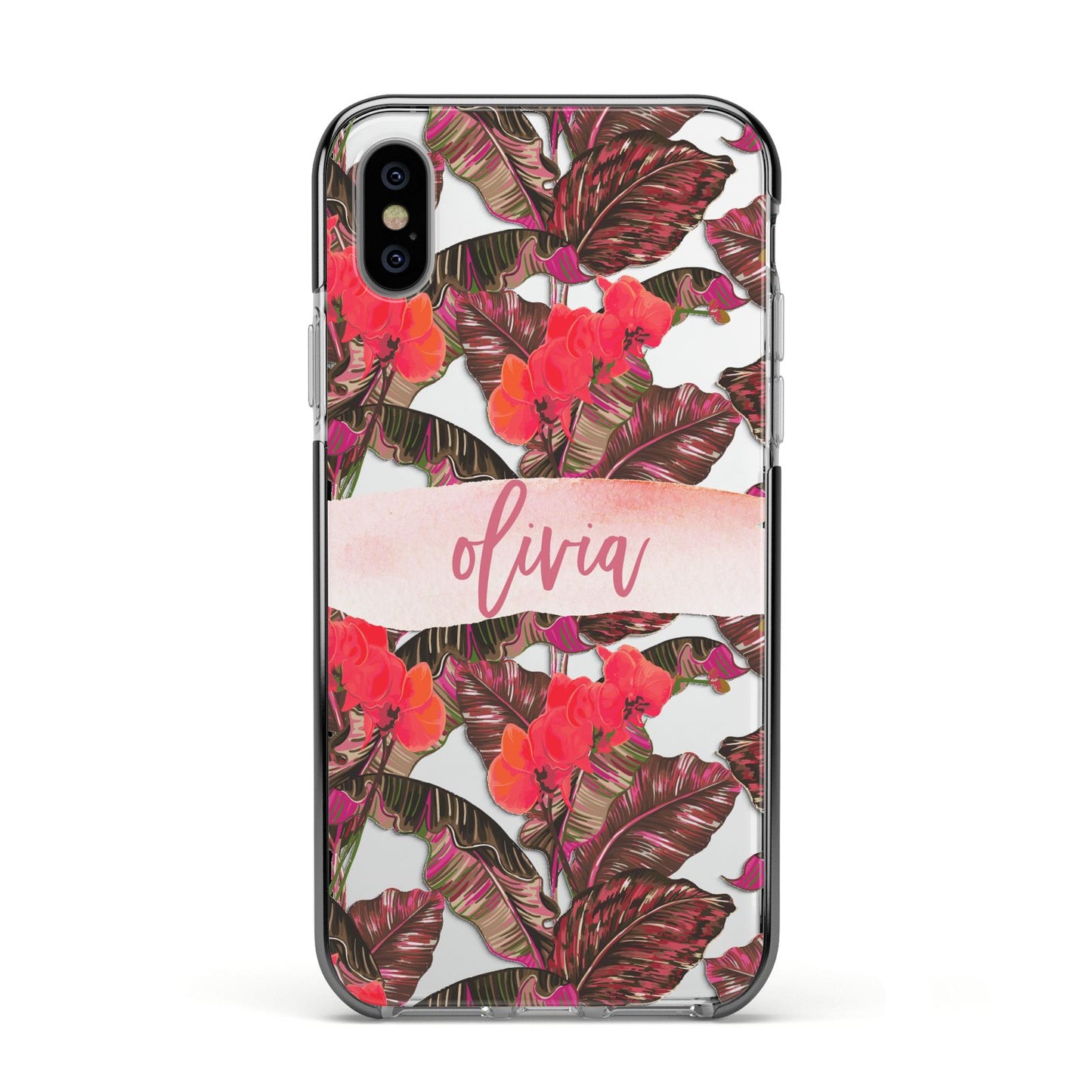 Personalised Tropical Orchid Floral Apple iPhone Xs Impact Case Black Edge on Silver Phone