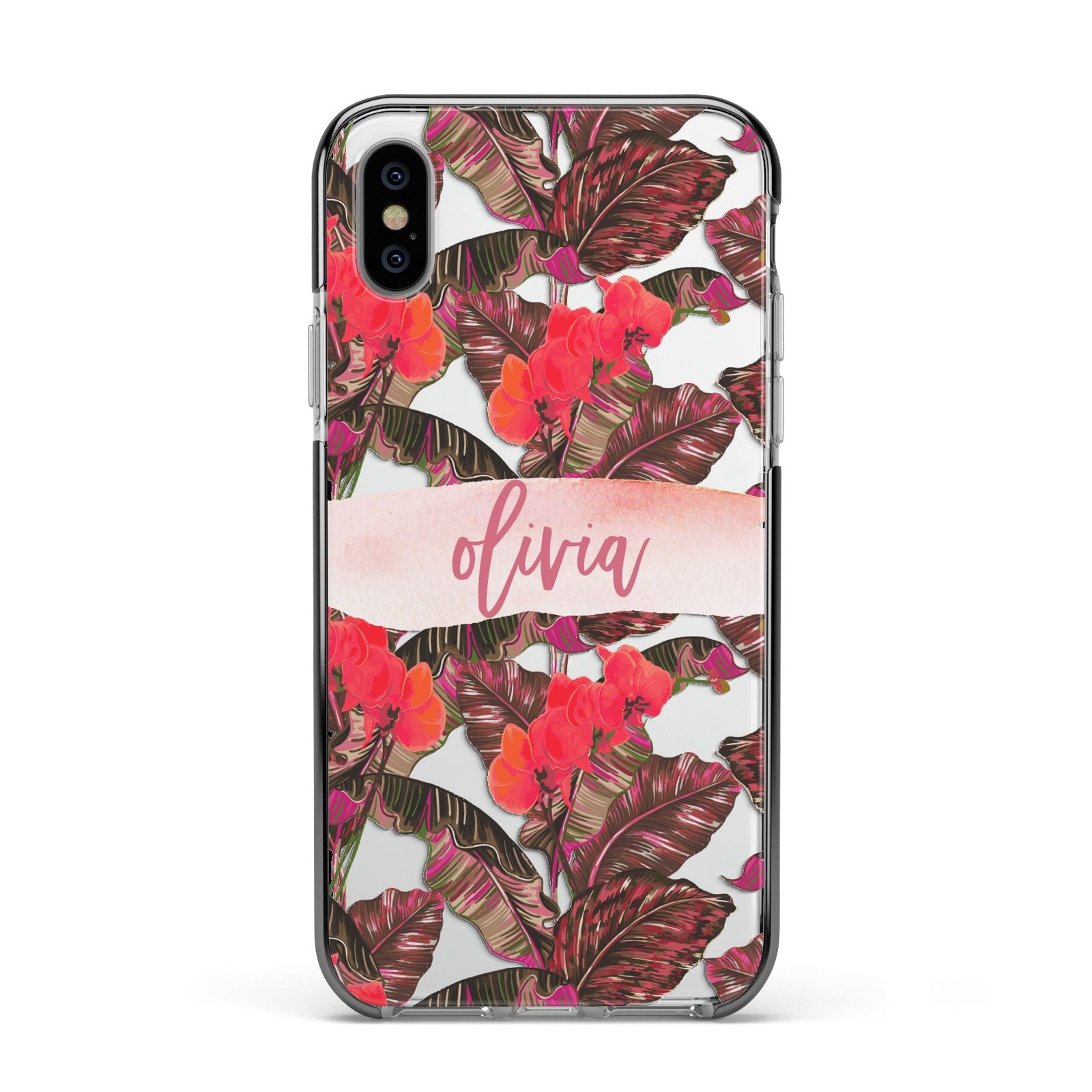 Personalised Tropical Orchid Floral Apple iPhone Xs Impact Case Black Edge on Silver Phone