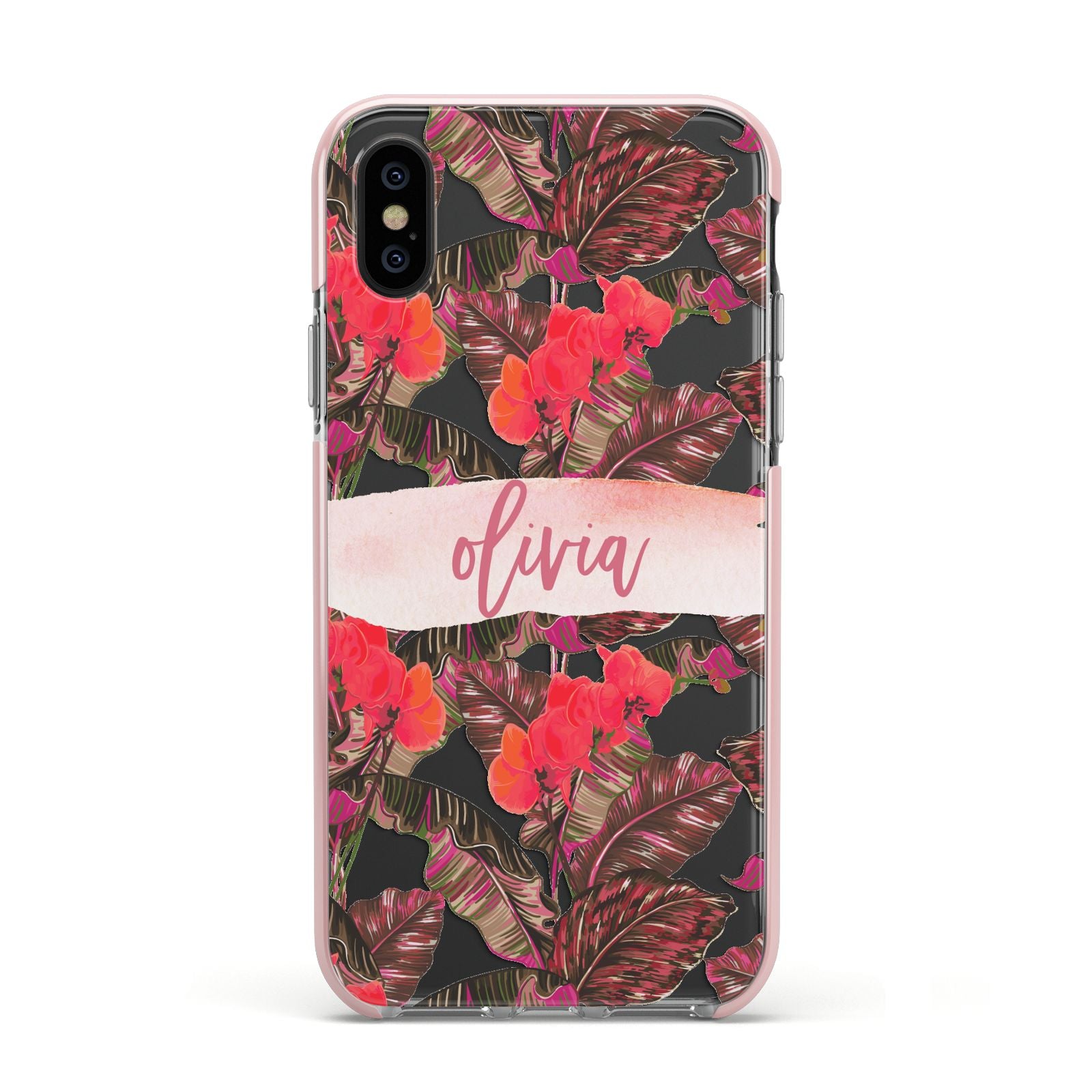 Personalised Tropical Orchid Floral Apple iPhone Xs Impact Case Pink Edge on Black Phone