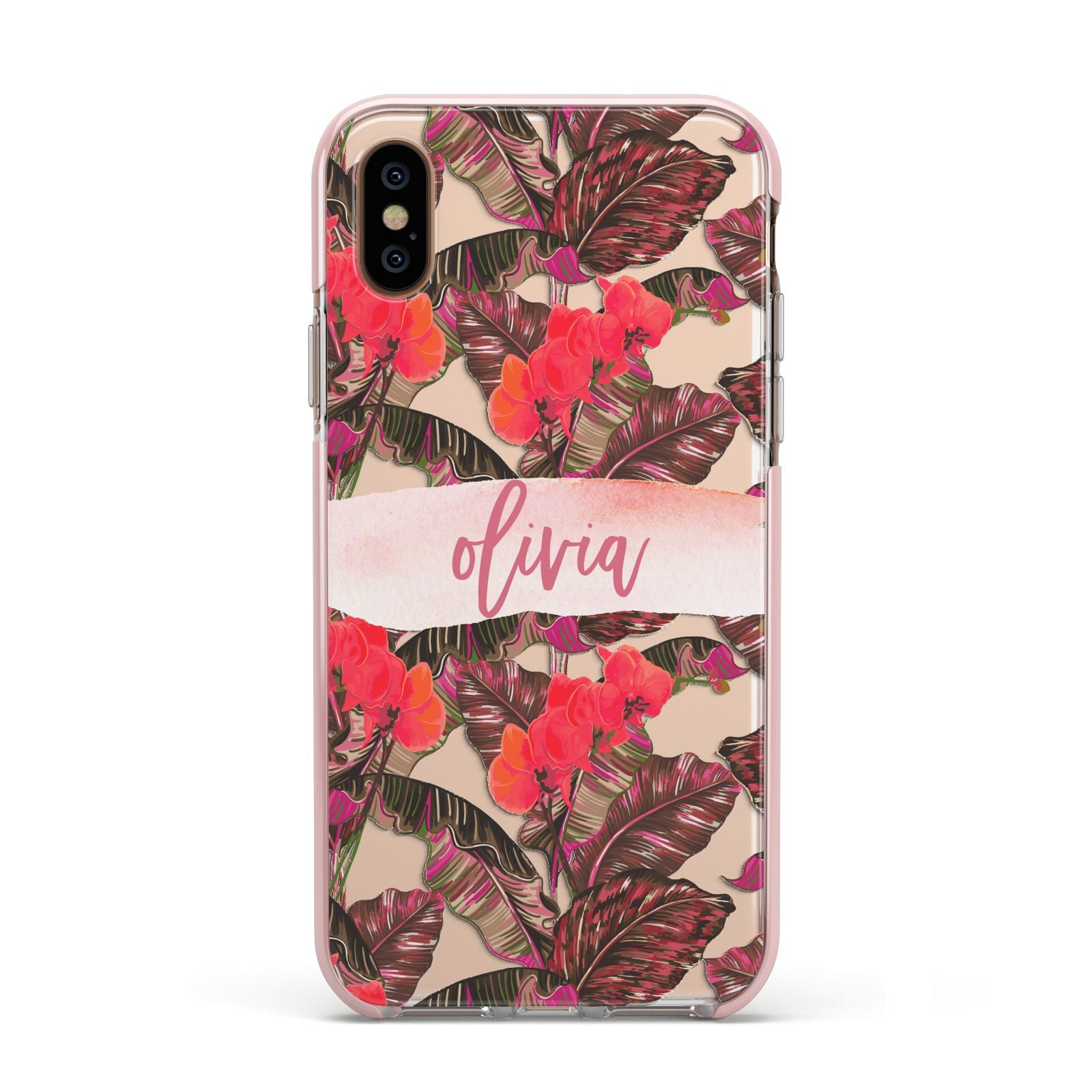 Personalised Tropical Orchid Floral Apple iPhone Xs Impact Case Pink Edge on Gold Phone