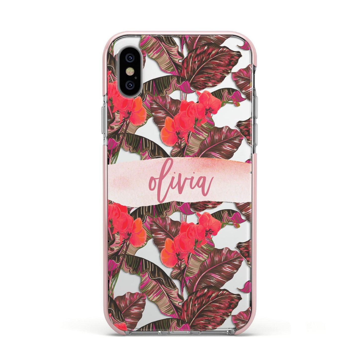 Personalised Tropical Orchid Floral Apple iPhone Xs Impact Case Pink Edge on Silver Phone
