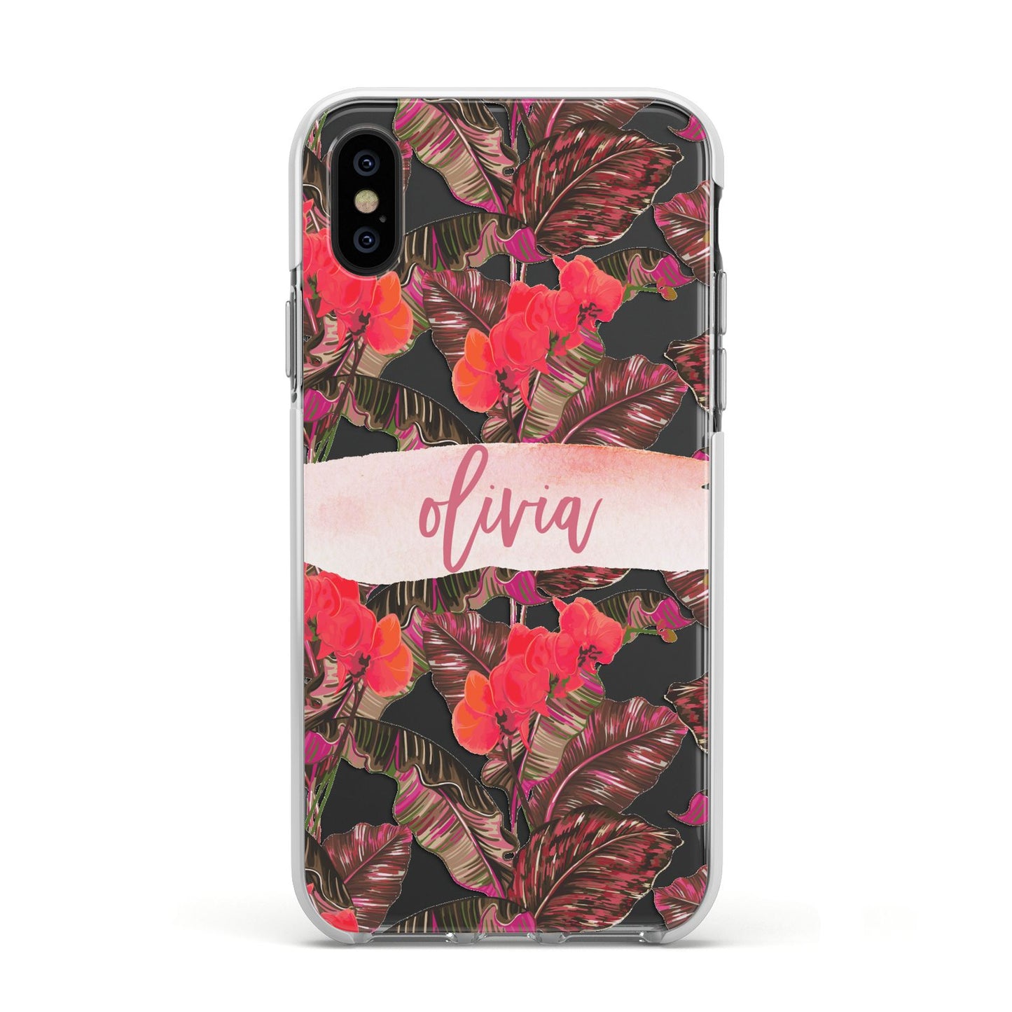 Personalised Tropical Orchid Floral Apple iPhone Xs Impact Case White Edge on Black Phone