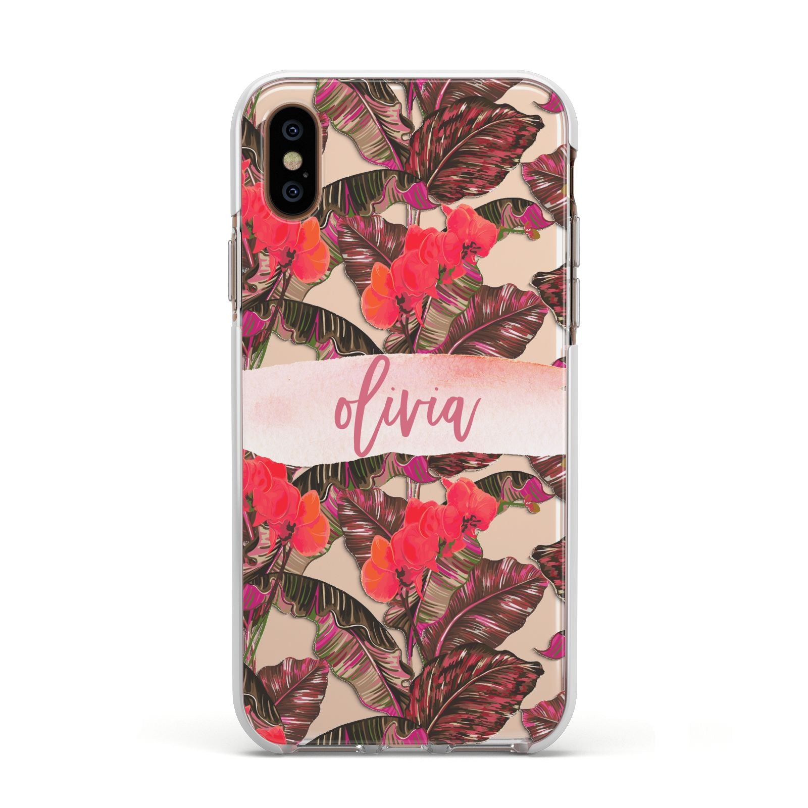 Personalised Tropical Orchid Floral Apple iPhone Xs Impact Case White Edge on Gold Phone
