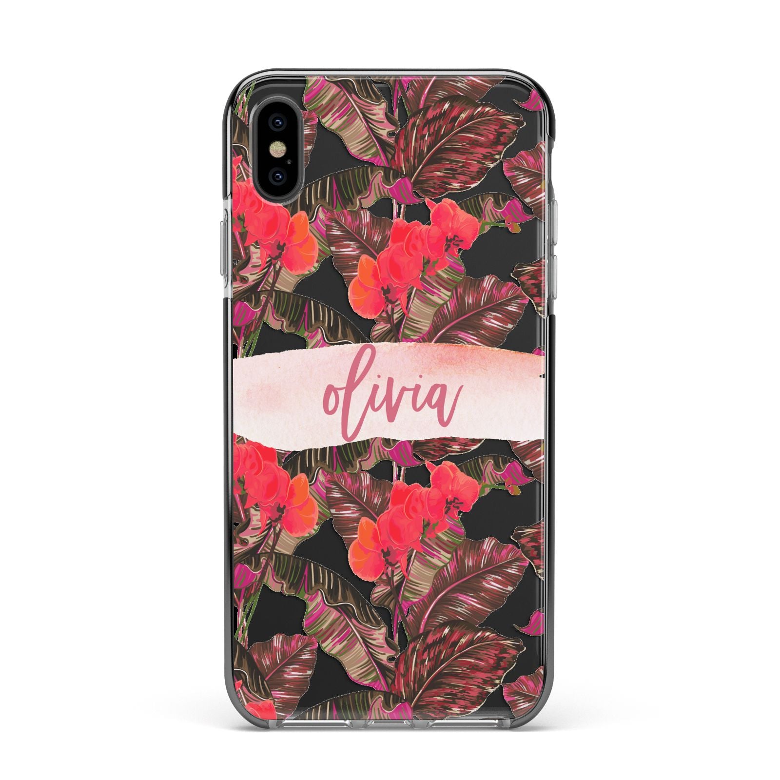 Personalised Tropical Orchid Floral Apple iPhone Xs Max Impact Case Black Edge on Black Phone