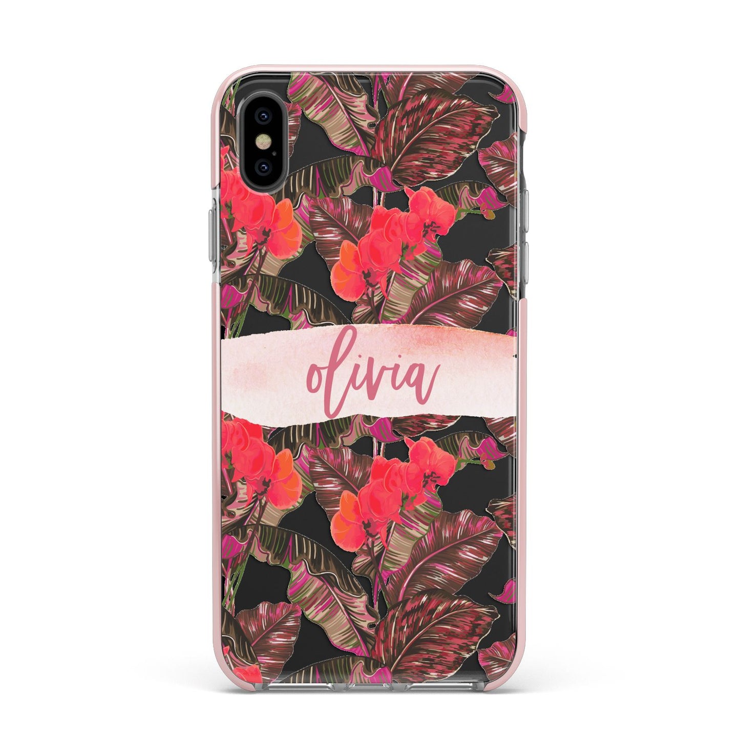 Personalised Tropical Orchid Floral Apple iPhone Xs Max Impact Case Pink Edge on Black Phone
