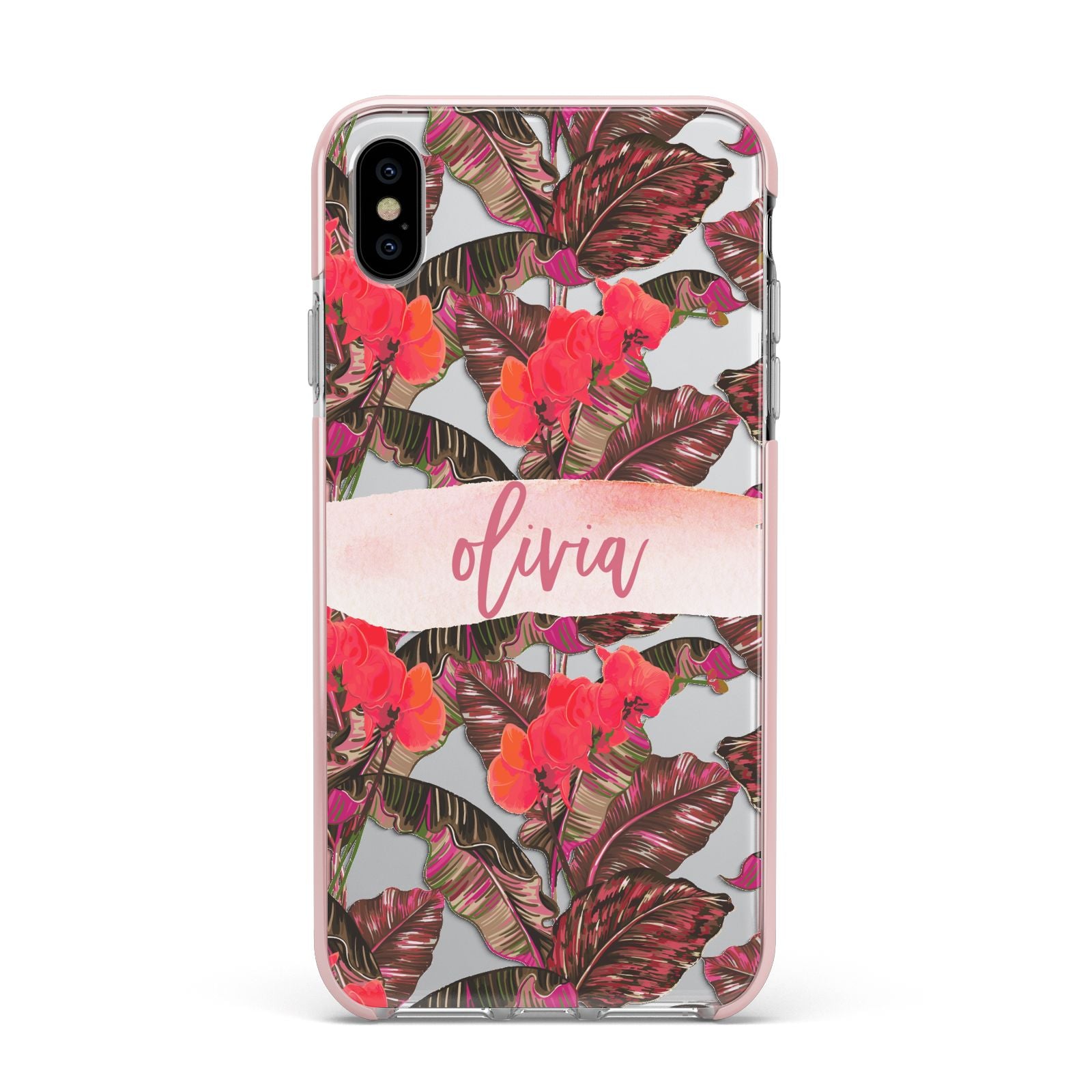 Personalised Tropical Orchid Floral Apple iPhone Xs Max Impact Case Pink Edge on Silver Phone