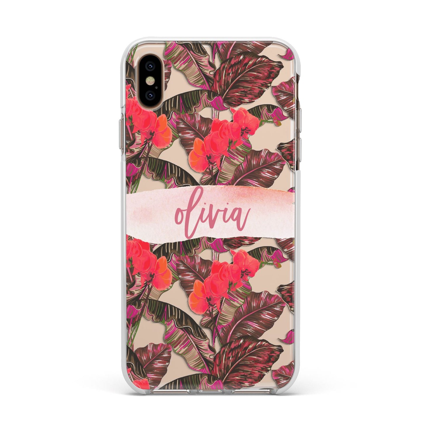 Personalised Tropical Orchid Floral Apple iPhone Xs Max Impact Case White Edge on Gold Phone