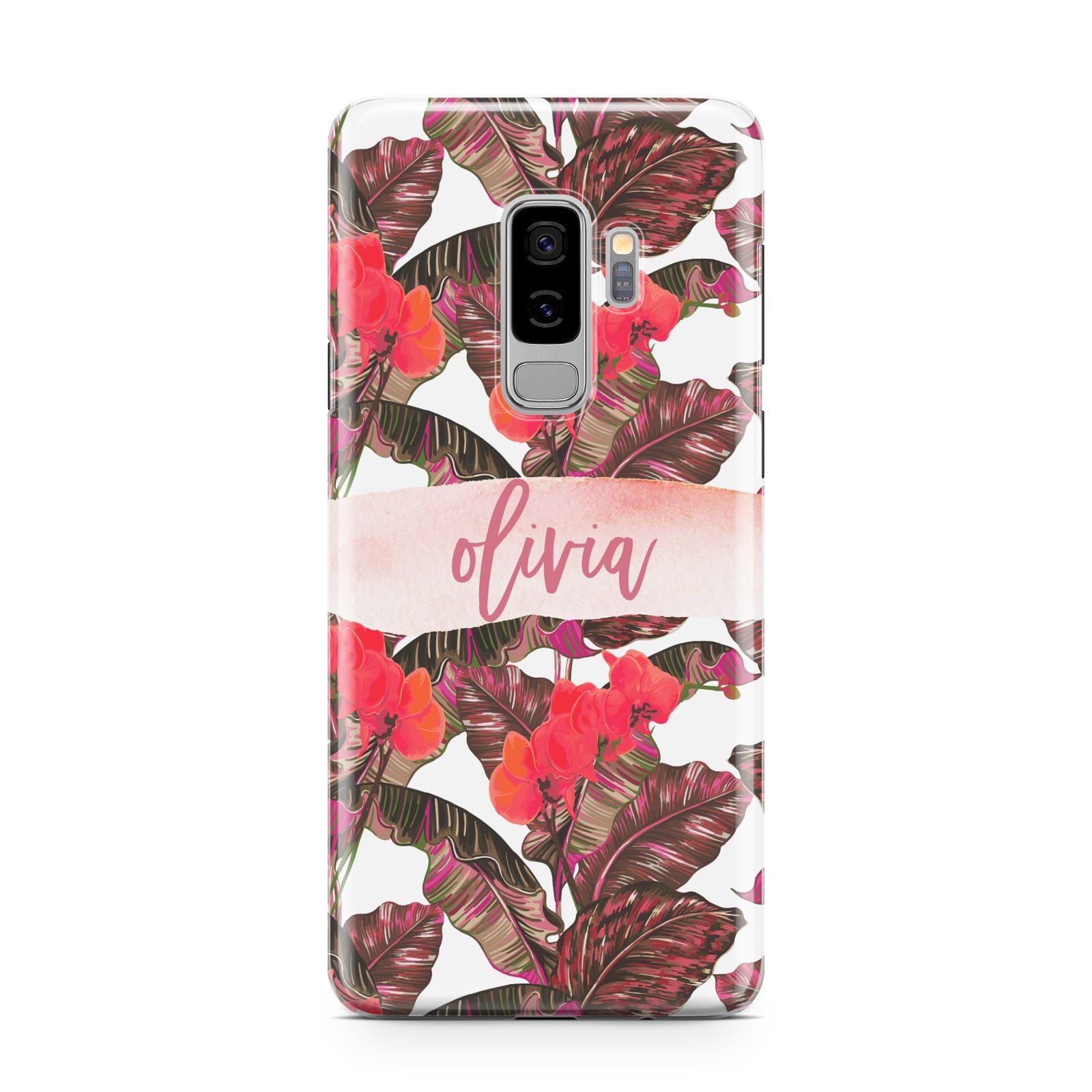 Personalised Tropical Orchid Floral Samsung Galaxy S9 Plus Case on Silver phone