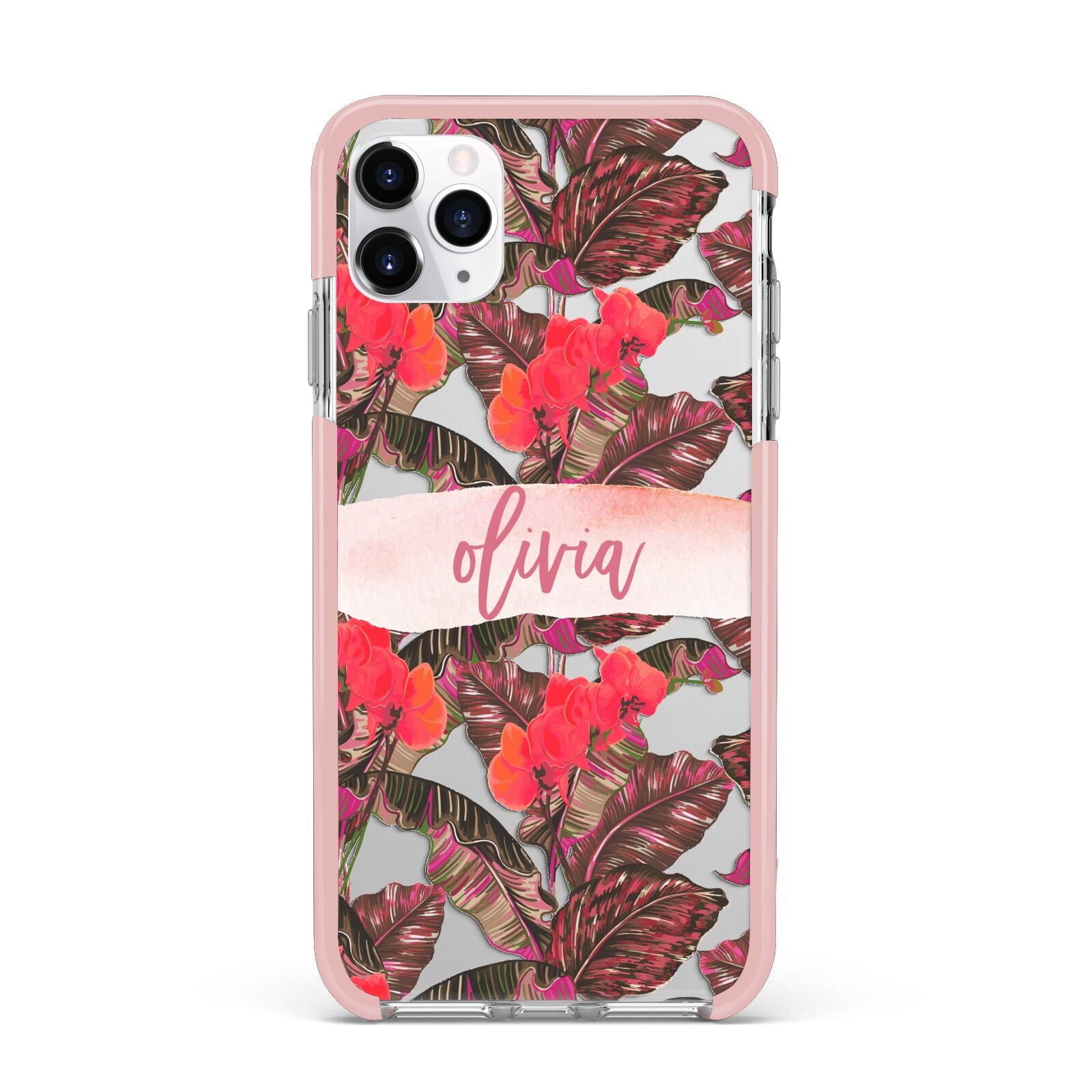 Personalised Tropical Orchid Floral iPhone 11 Pro Max Impact Pink Edge Case