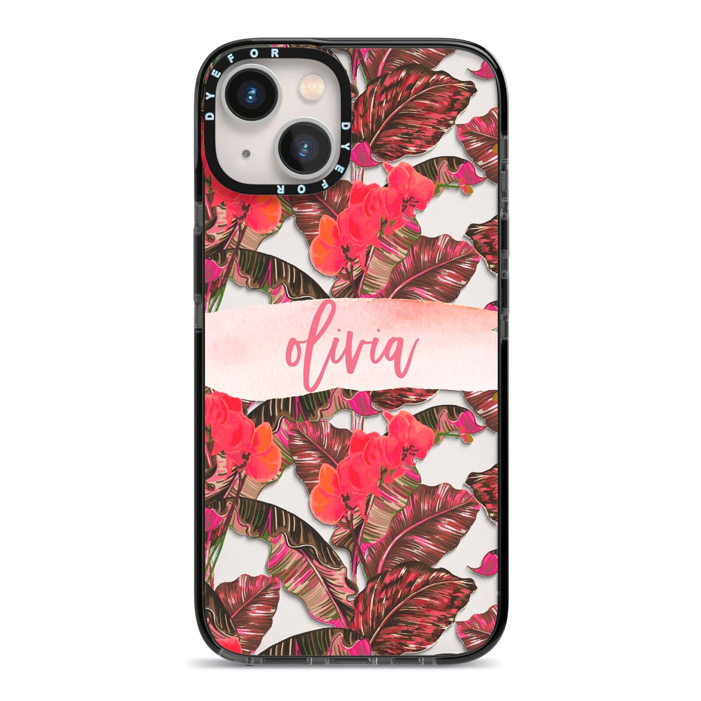 Personalised Tropical Orchid Floral iPhone 13 Black Impact Case on Silver phone