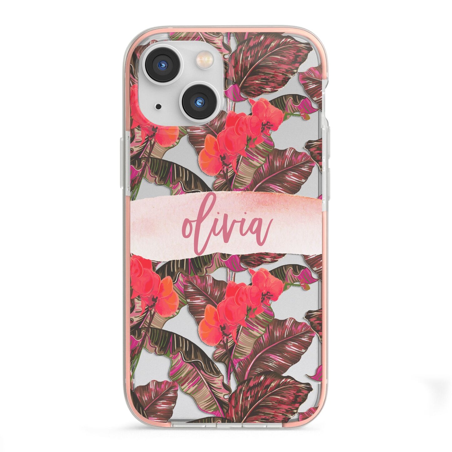 Personalised Tropical Orchid Floral iPhone 13 Mini TPU Impact Case with Pink Edges